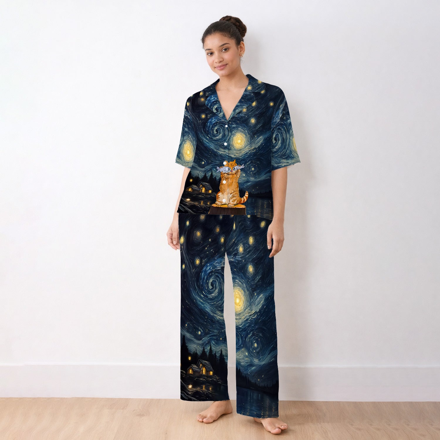 Cat Under Starry Night Sky Art Print Pajama Set,  Breathable Fabrics Uniform