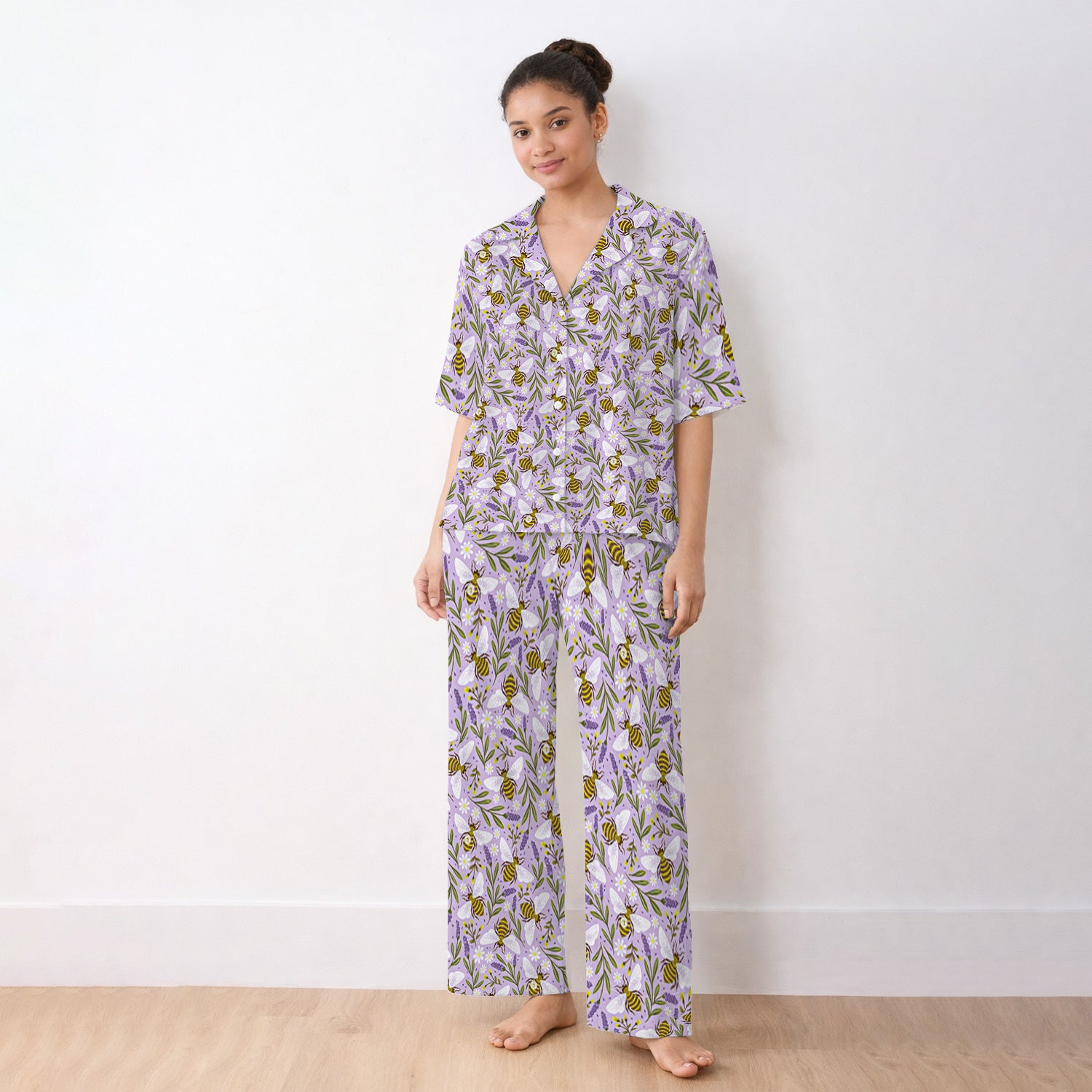Cute Lavender Bee Floral Pattern Pajama Set, Soft Breathable Fabric Comfortable Sleepwear
