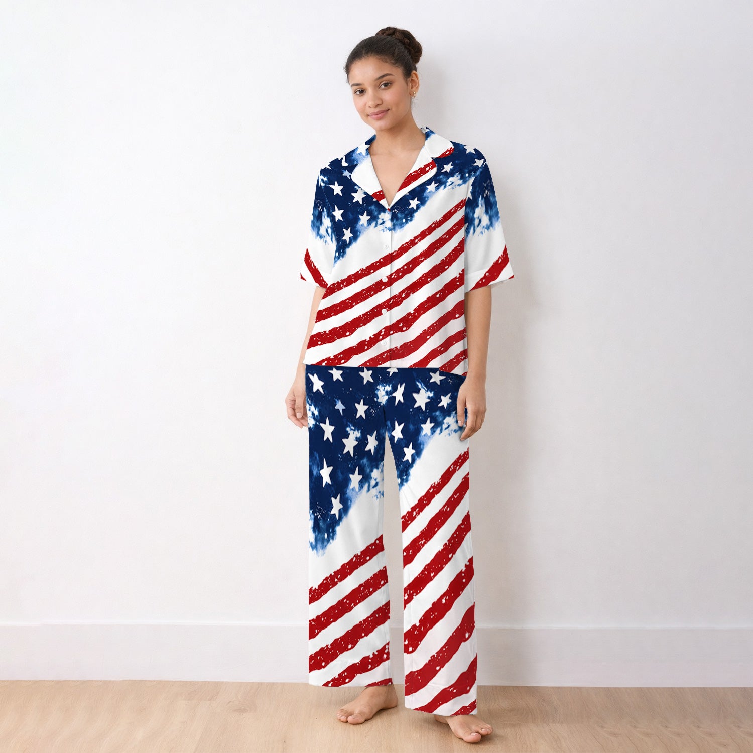 USA Stars And Stripes Pattern Pajama Set, Soft Breathable Fabric Comfortable Sleepwear