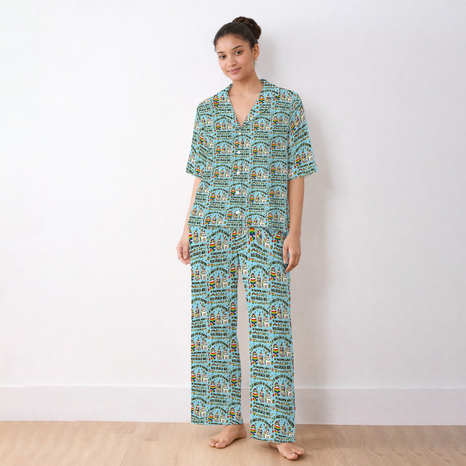 Inspirational Nurse Rainbow Cat Courage Quote Pattern Pajama Set, Breathable Fabrics Uniform