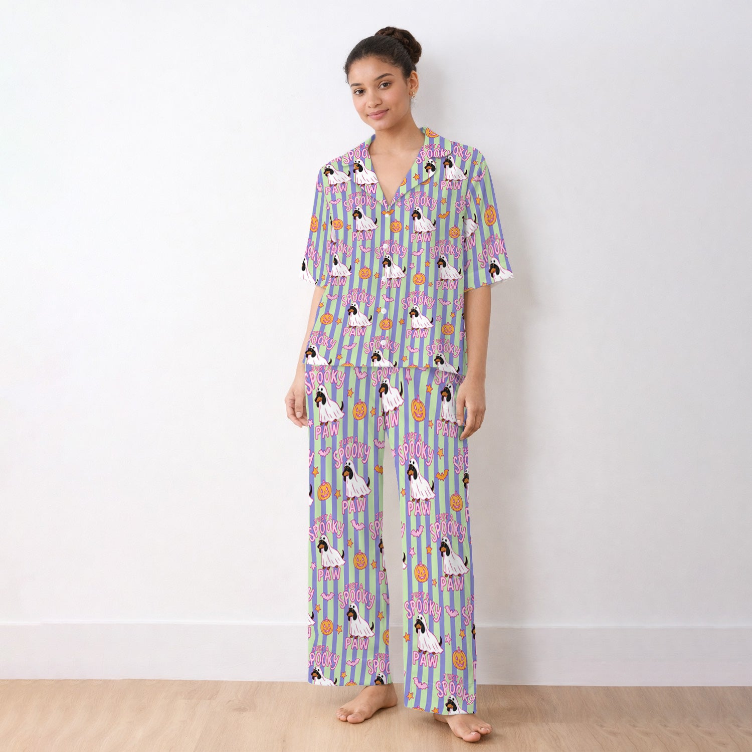 Just A Spooky Dachshund Paw Print Pajama Set, Soft Breathable Fabric Comfortable Sleepwear