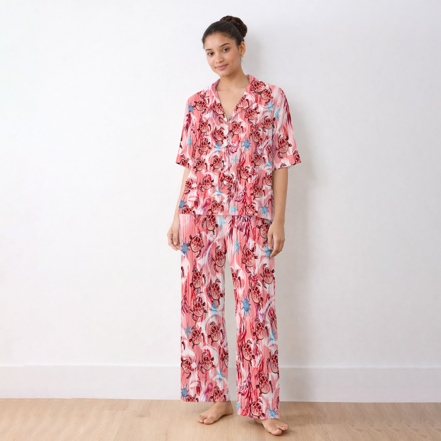 Pink Sea Turtle Ocean Pattern Pajama Set, Soft Breathable Fabric Comfortable Sleepwear