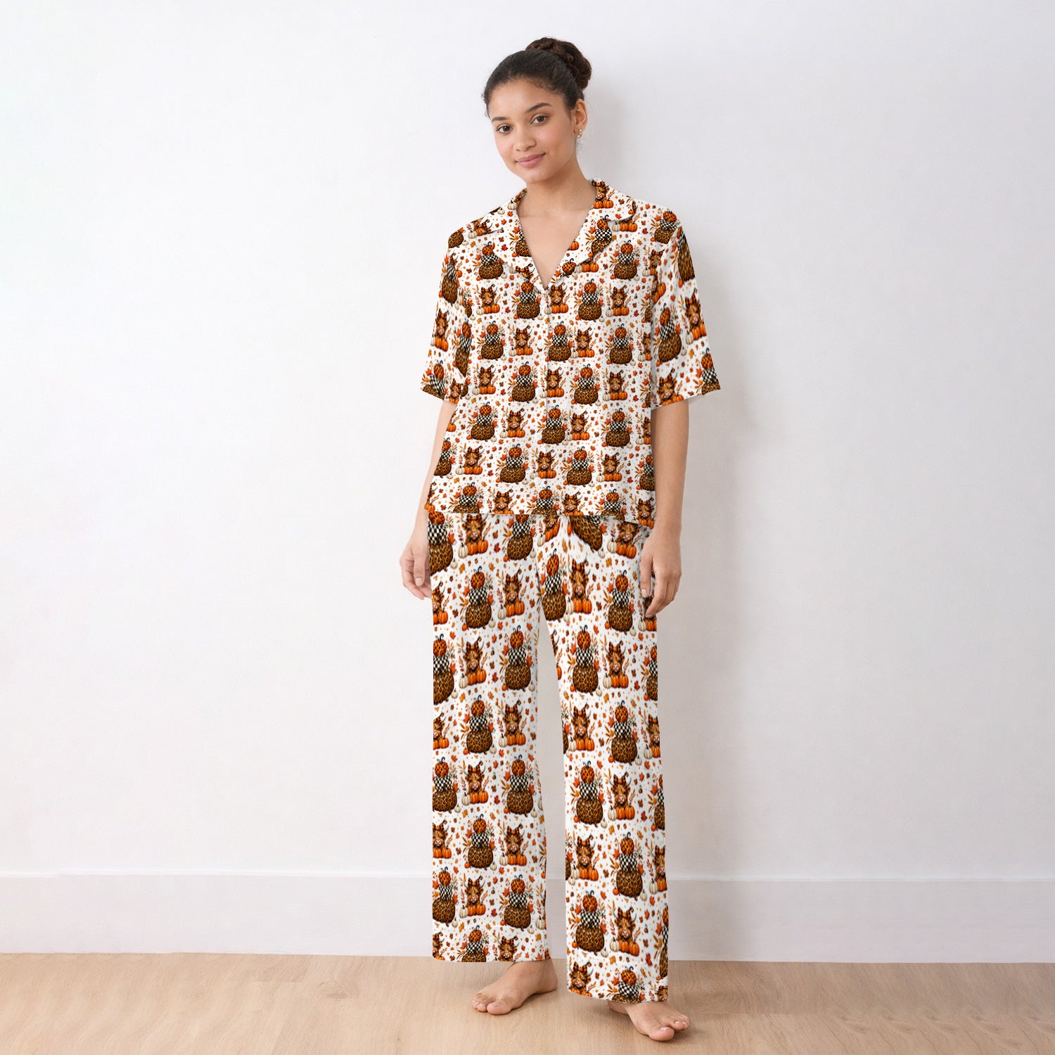 Fall Highland Cow Pattern Pajama Set, Soft Breathable Fabric Comfortable Sleepwear