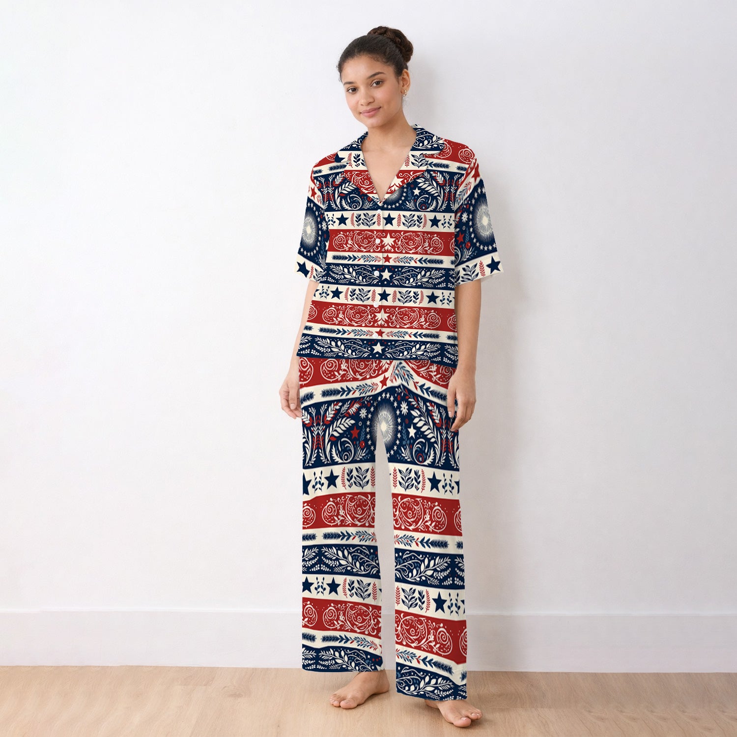 Patriotic Americana Starburst Floral Pattern Pajama Set, Soft Breathable Fabric Comfortable Sleepwear