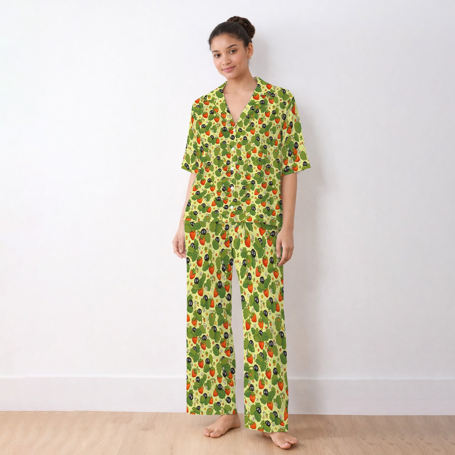 Cute Strawberry Soot Sprite Pattern Pajama Set, Soft Breathable Fabric Comfortable Sleepwear