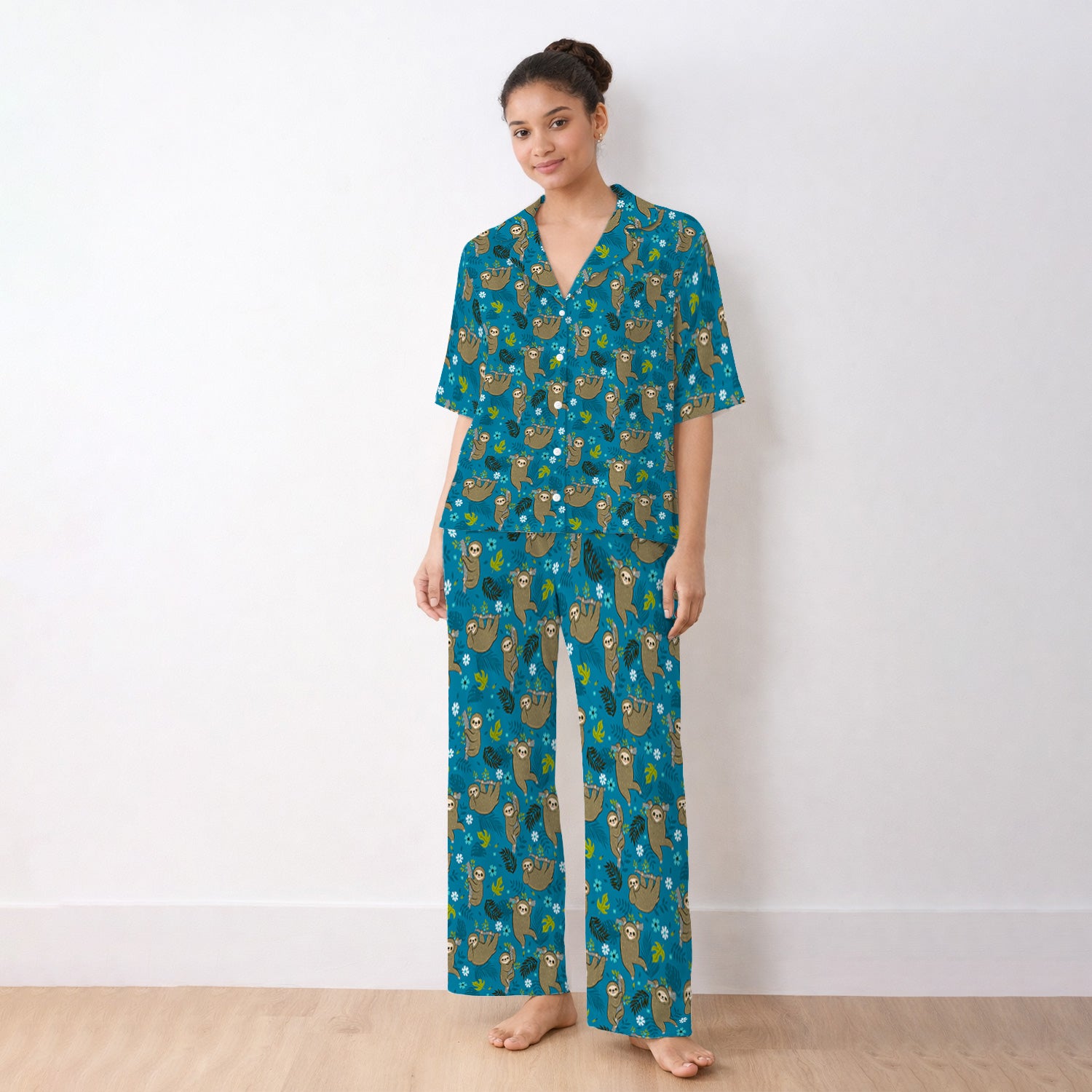 Jungle Tropical Sloth Pattern Pajama Set, Soft Breathable Fabric Comfortable Sleepwear