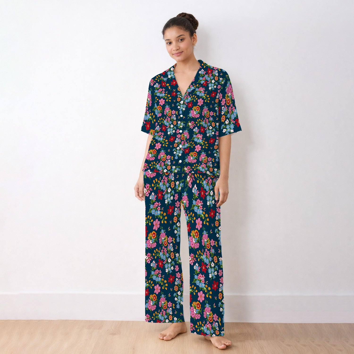 Charming Vintage Floral Bouquet Pattern Pajama Set, Breathable Fabrics Uniform