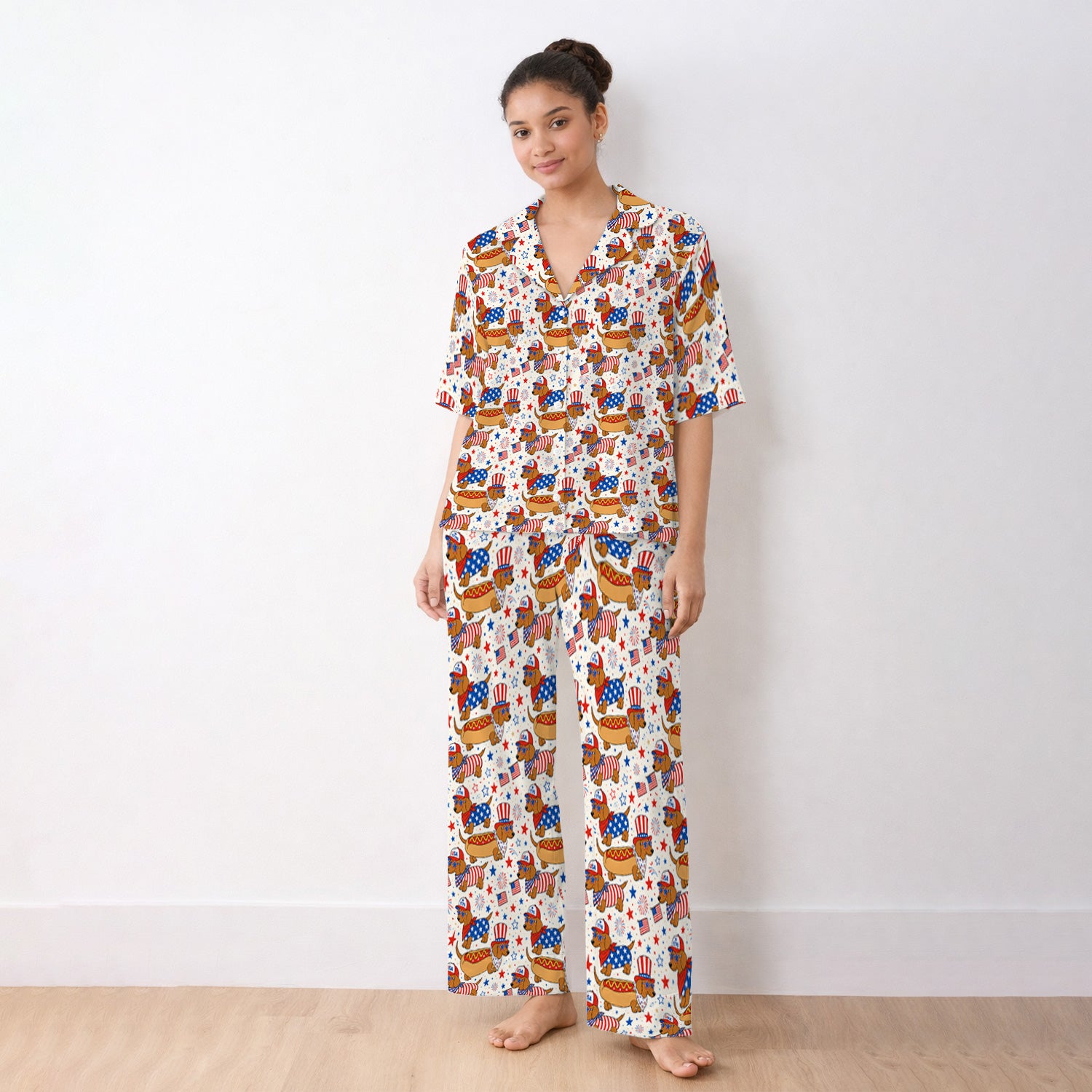 Patriotic Dachshund Fourth Of July Pajama Set, Soft Breathable Fabric Comfortable Sleepwear