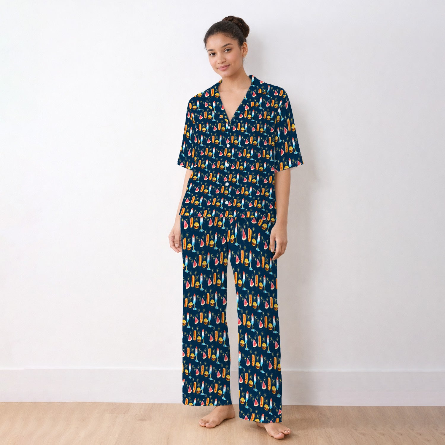Funny Summer Food Icons Pattern Pajama Set, Soft Breathable Fabric Comfortable Sleepwear