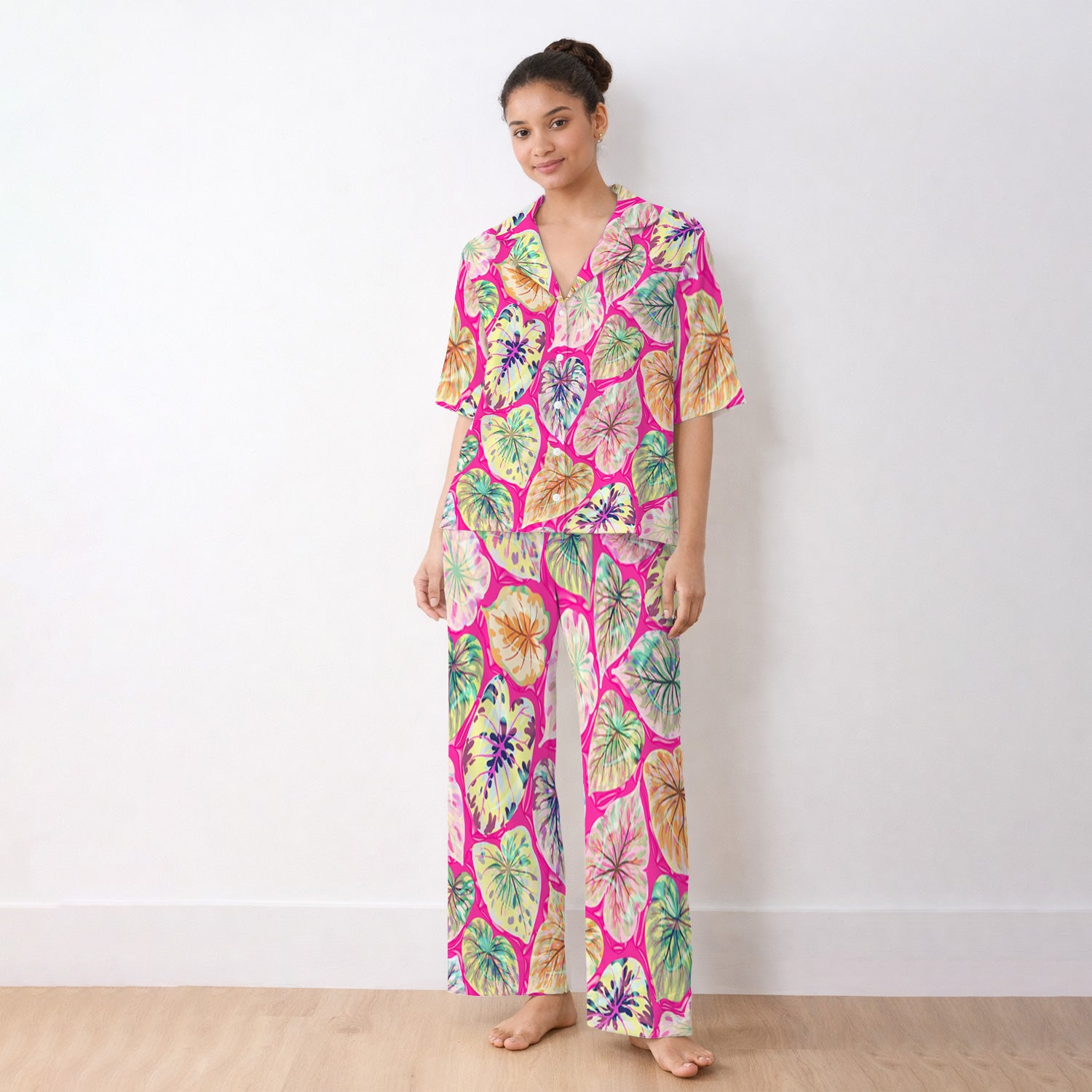 Tropical Colorful Shaped Leaf Nurse Pattern Pajama Set, Soft Breathable Fabric Comfortable Sleepwear