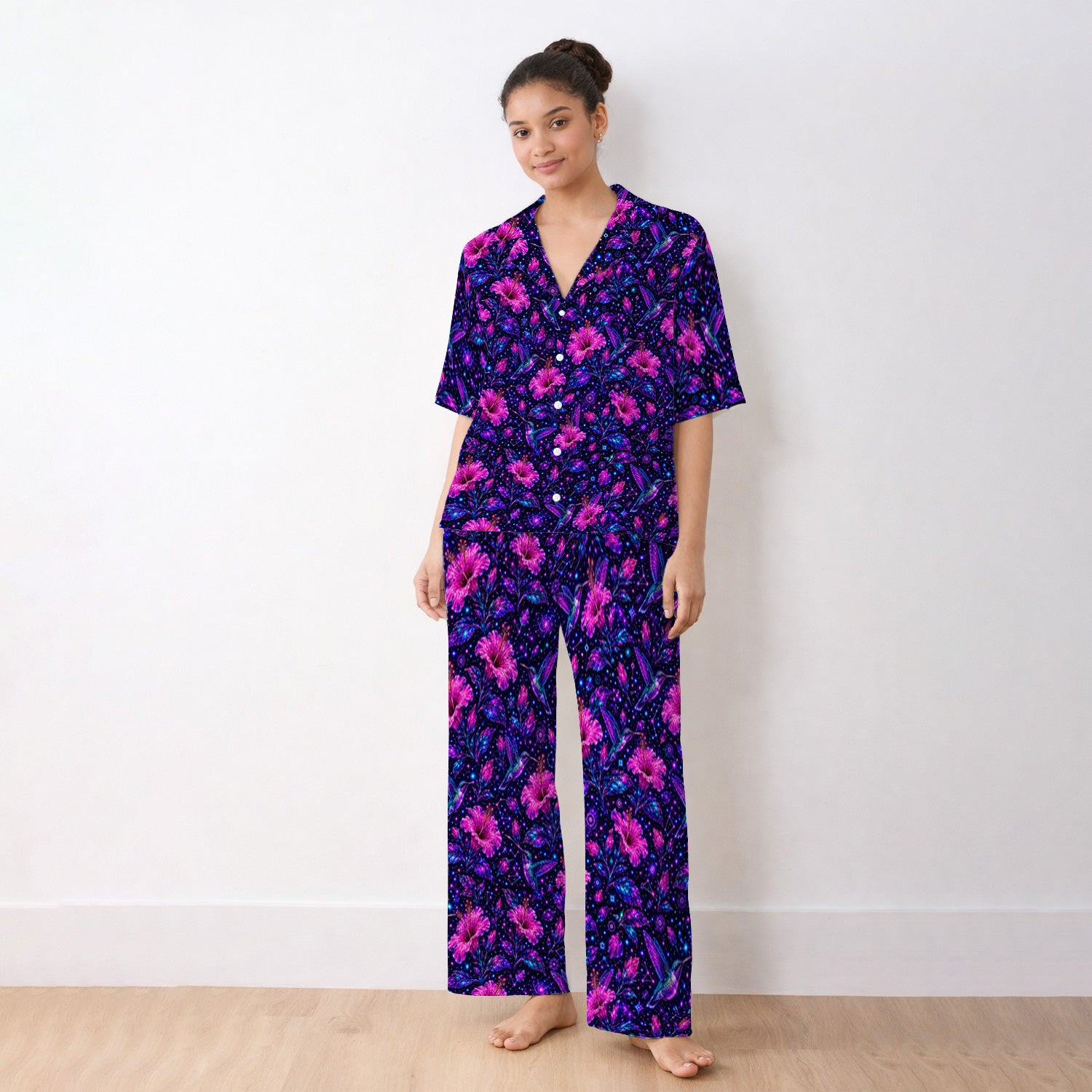 Galaxy Floral Hummingbird Nurse Pattern Pajama Set, Soft Breathable Fabric Comfortable Sleepwear