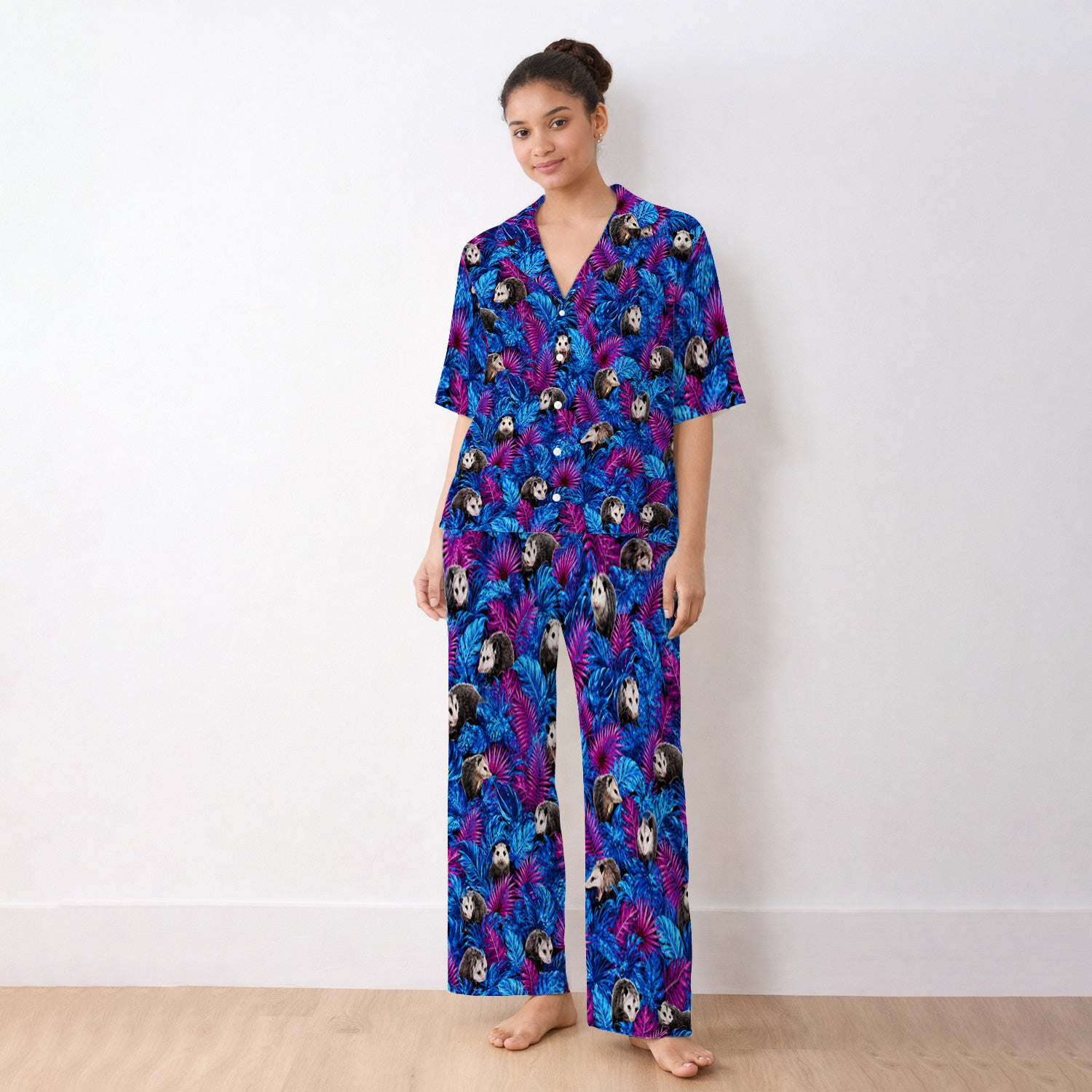 Cute Opossum Tropical Print Pajama Set, Soft Breathable Fabric Comfortable Sleepwear