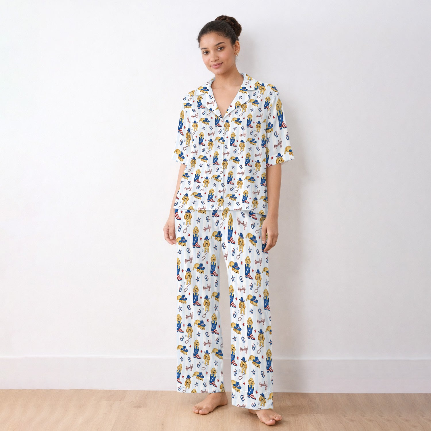 Patriotic Howdy Golden Dog Western Pattern Pajama Set, Soft Breathable Fabric Comfortable Sleepwear