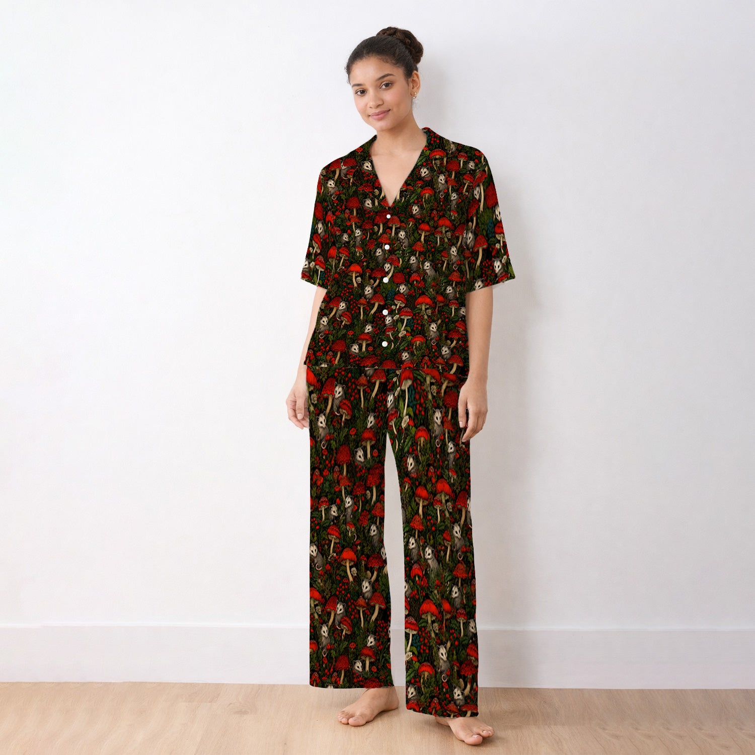 Woodland Opossum Red Mushroom Pattern Pajama Set, Soft Breathable Fabric Comfortable Sleepwear