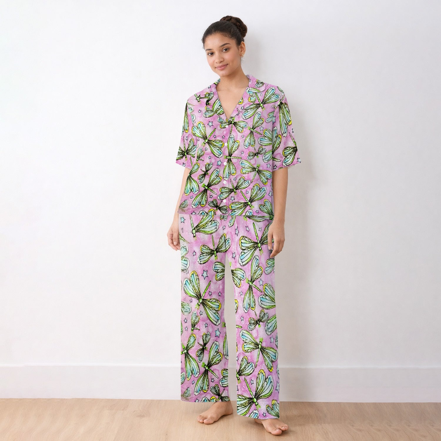 Dragonfly On Pink Starry Background Pajama Set, Breathable Fabrics Uniform