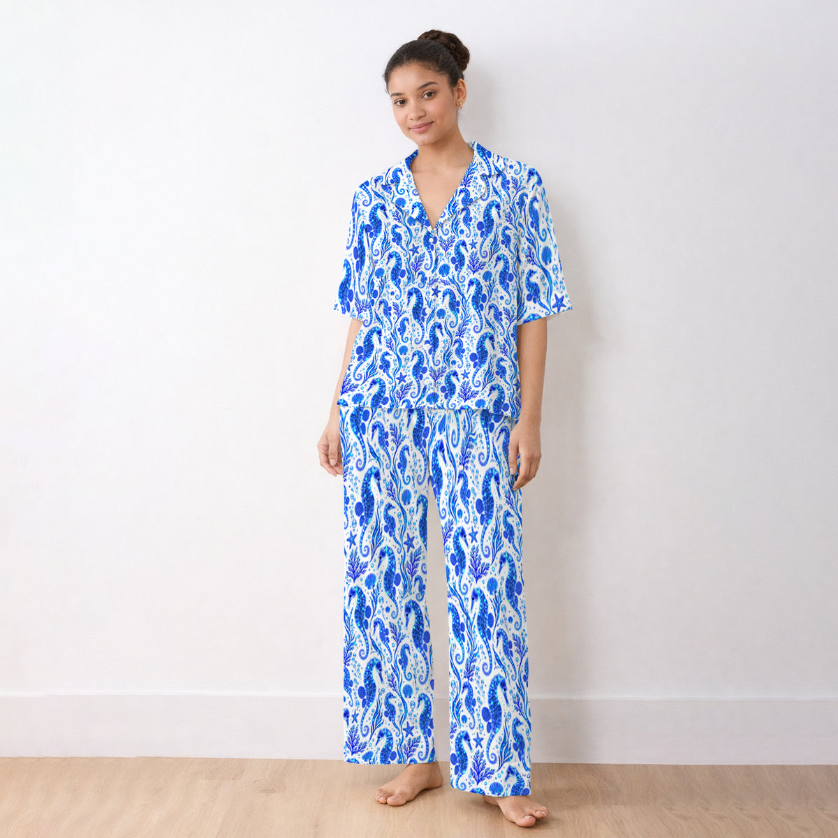 Blue Ocean Seahorse Pattern Pajama Set, Soft Breathable Fabric Comfortable Sleepwear