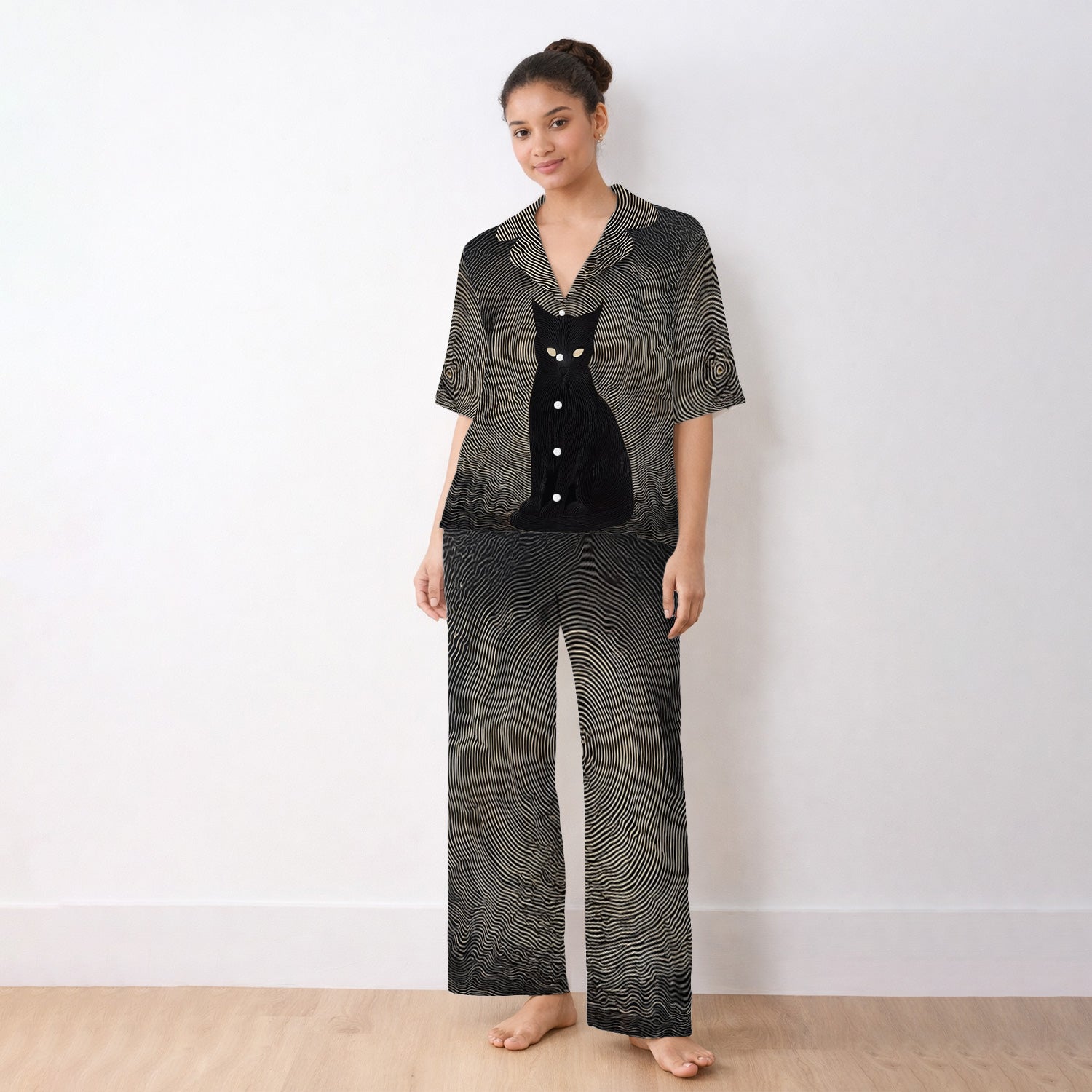 Black Cat Line Art Print Pajama Set, Soft Breathable Fabric Comfortable Sleepwear