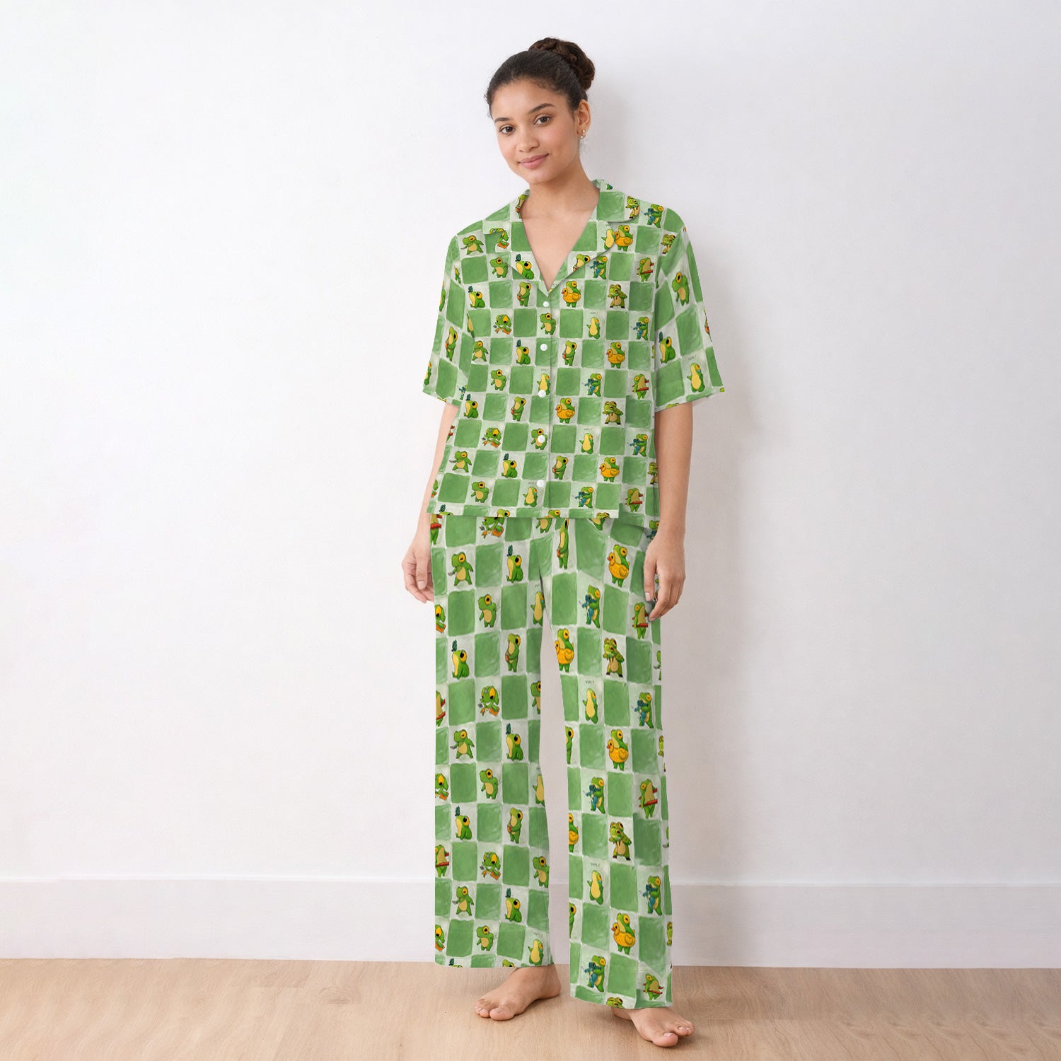Cute Frog Duck Checkerboard Pattern Pajama Set, Breathable Fabrics Uniform