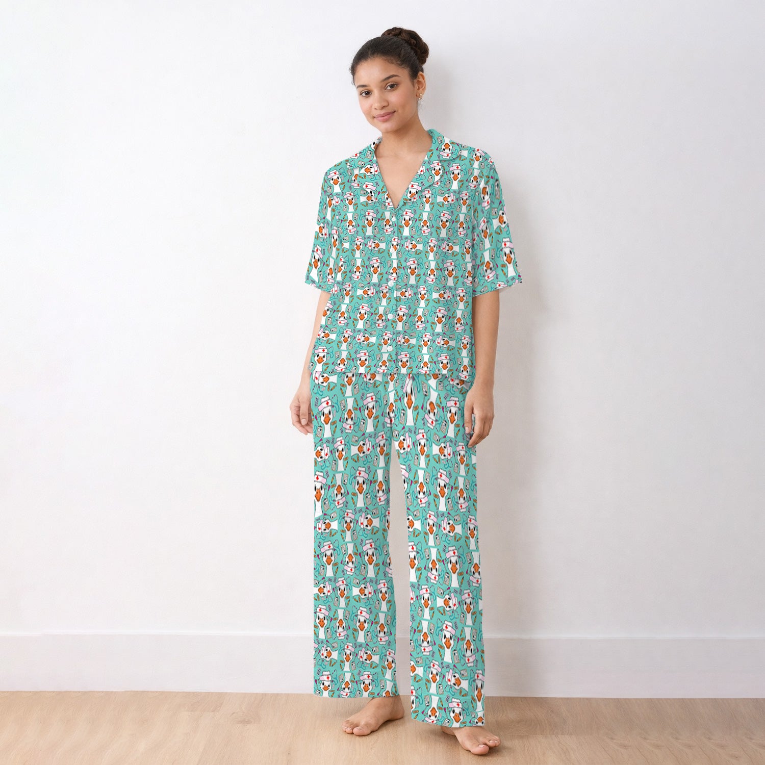 Duck Wearing Hat With Medical Tools Pajama Set, Breathable Fabrics Uniform
