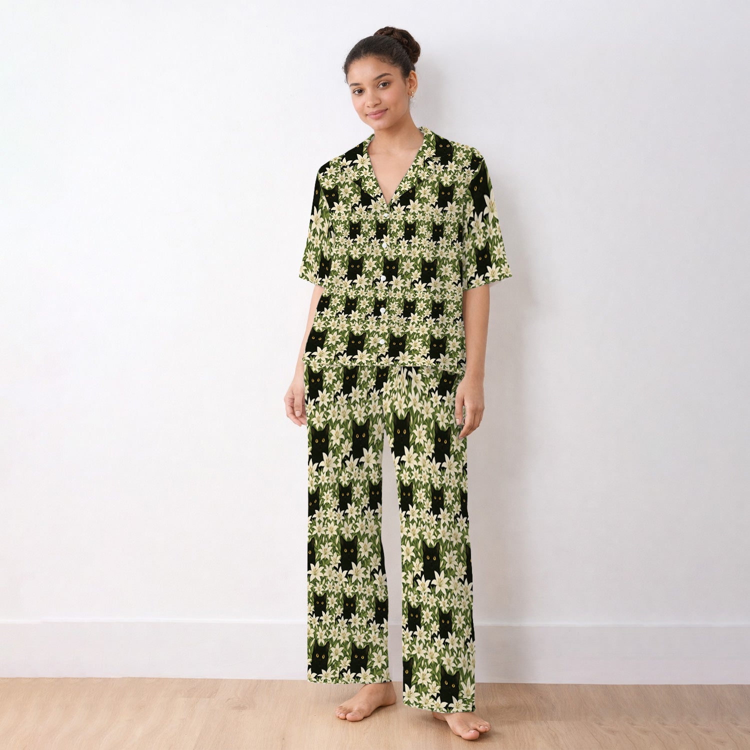 Black Cat Hidden In Lily Garden Pattern Pajama Set,  Breathable Fabrics Uniform