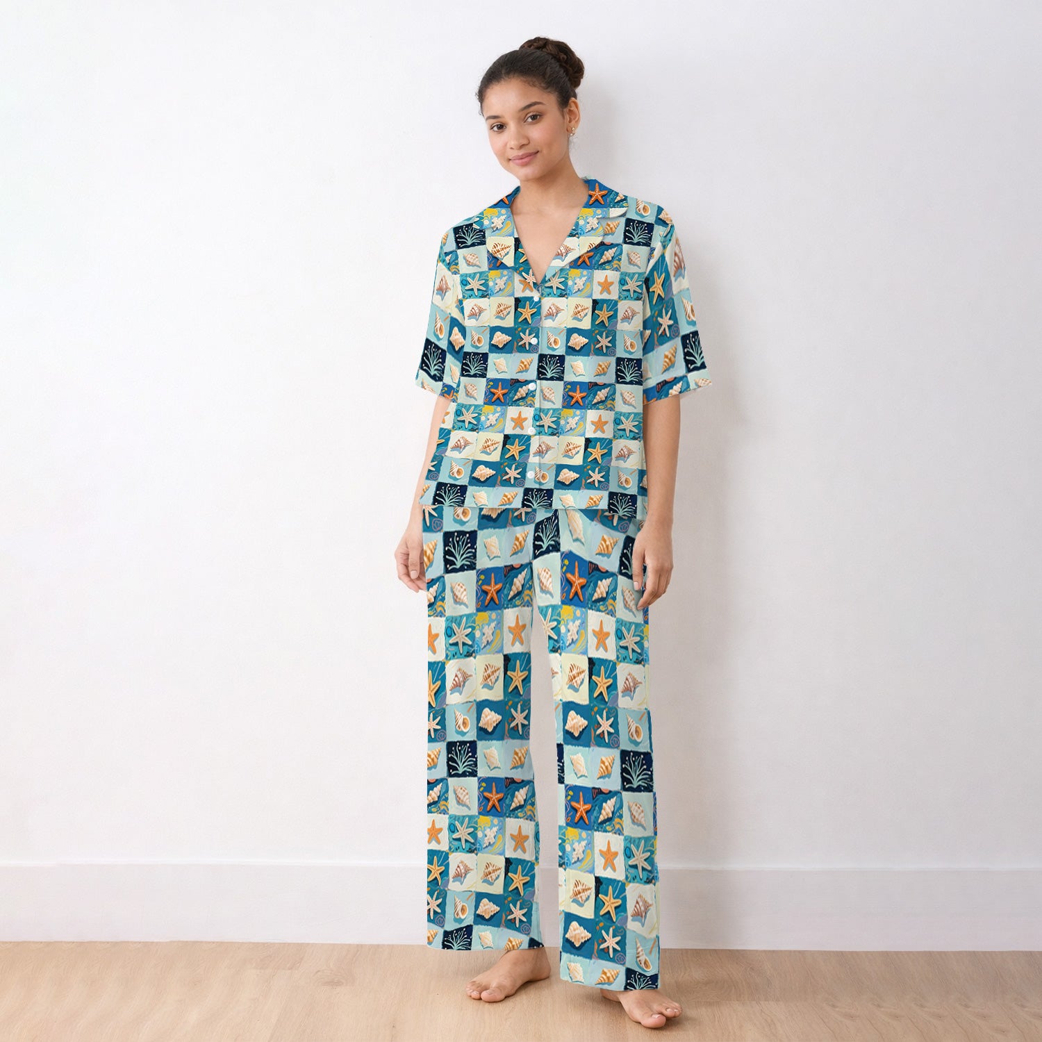 Cute Seashell Starfish Ocean Tile Pattern Pajama Set, Soft Breathable Fabric Comfortable Sleepwear