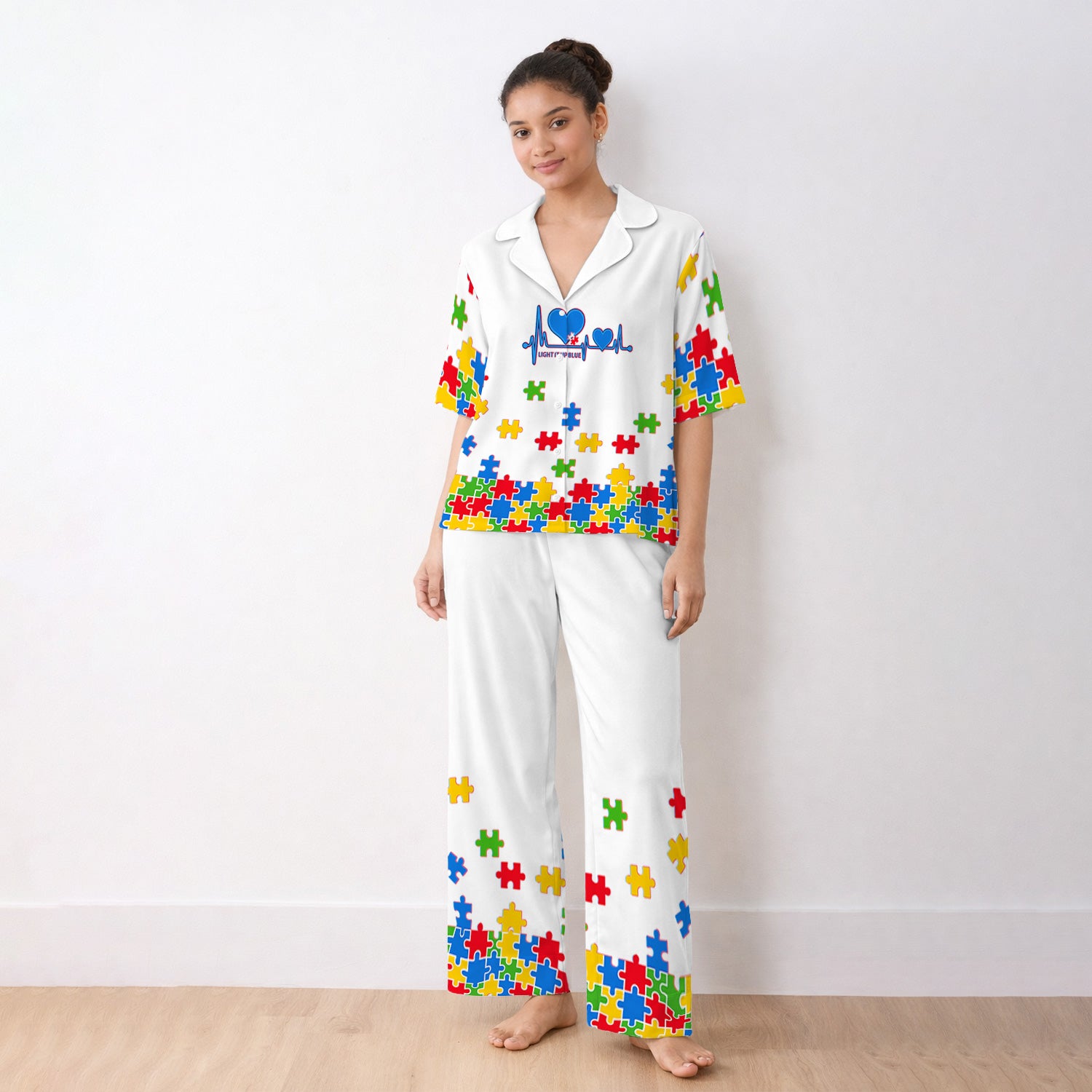 Autism Puzzle Heartbeat Light It Up Blue Print Pajama Set, Breathable Fabrics Uniform