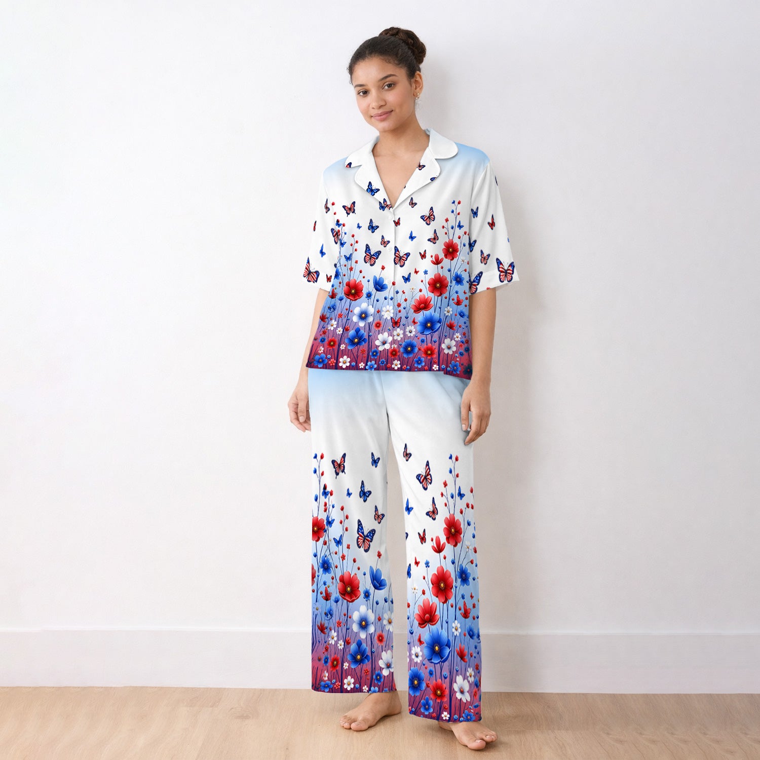 Patriotic Butterfly Wildflower Garden Pattern Pajama Set, Soft Breathable Fabric Comfortable Sleepwear