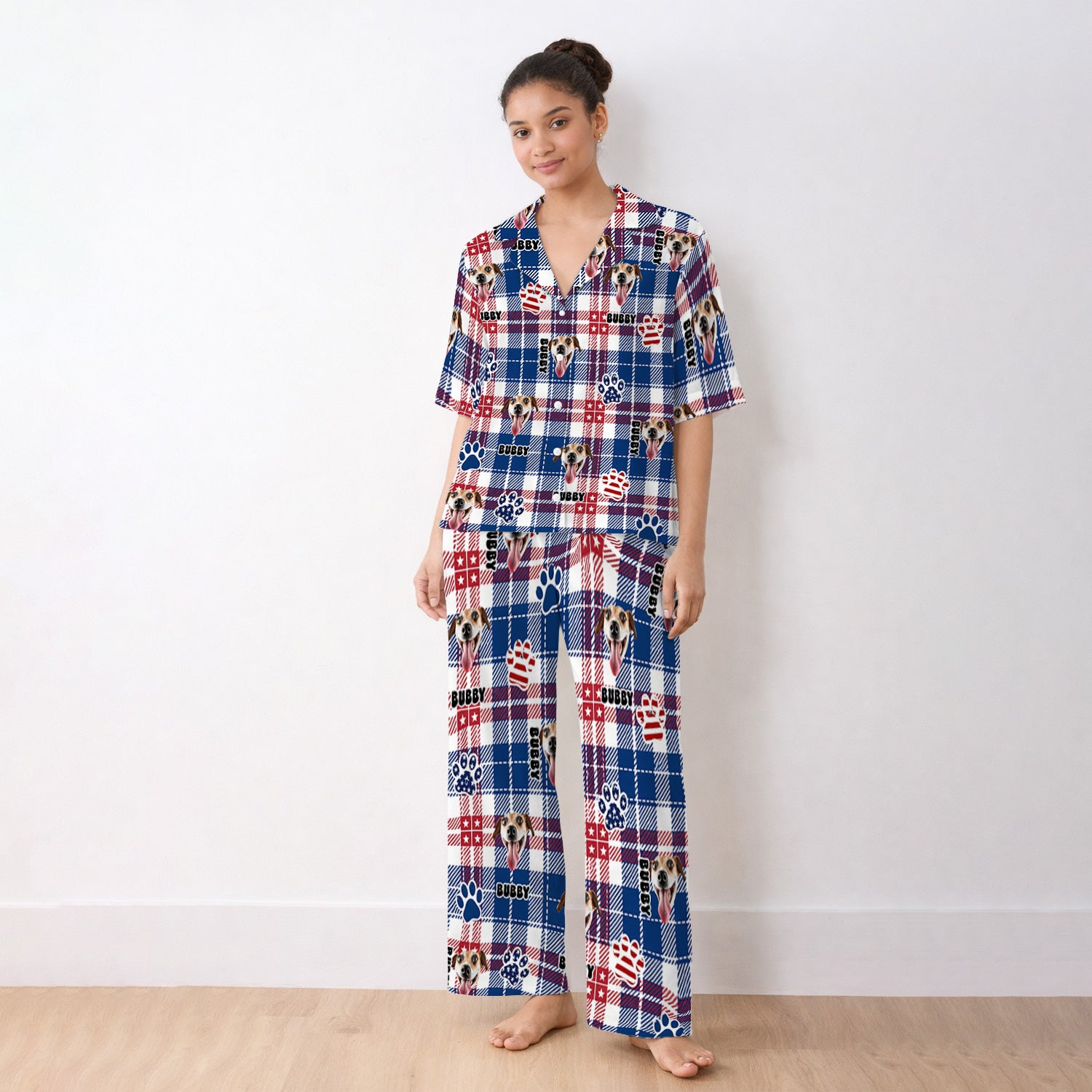 Custom Dog Face Pajama Set, Patriotic Dog Plaid Pattern, Soft Breathable Fabric Comfortable Sleepwear