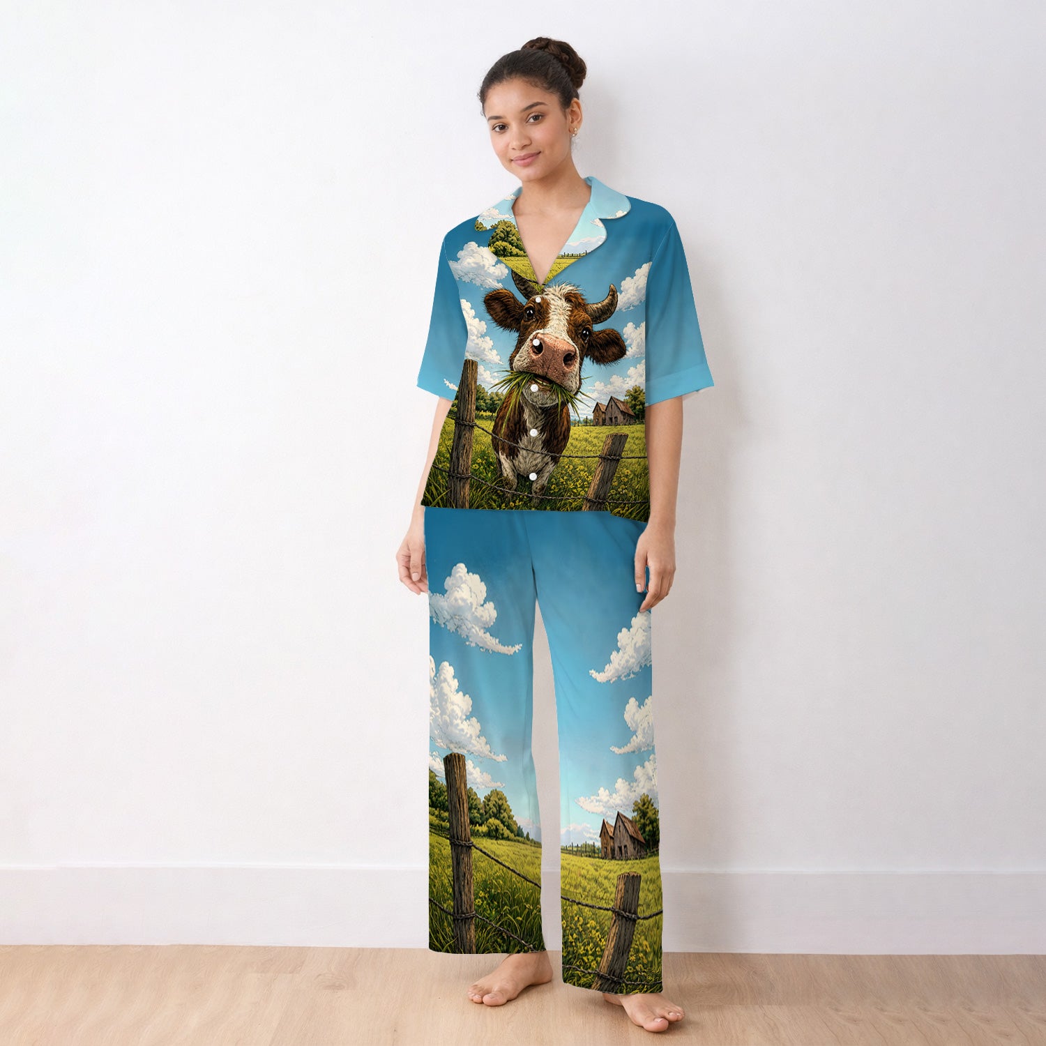 Curious Highland Cow Farm Scene Pajama Set, Soft Breathable Fabric Comfortable Sleepwear