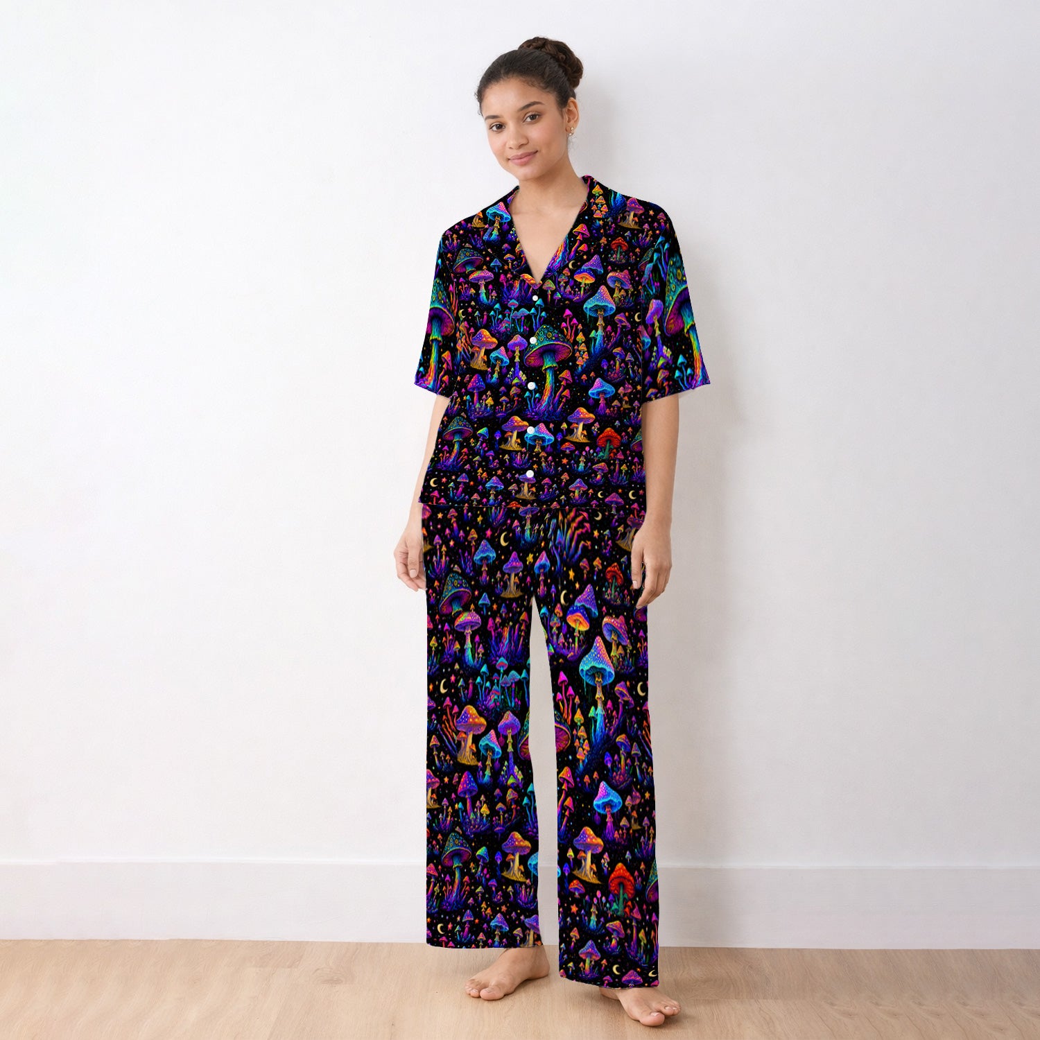 Neon Fantasy Mushroom Print Pajama Set, Soft Breathable Fabric Comfortable Sleepwear