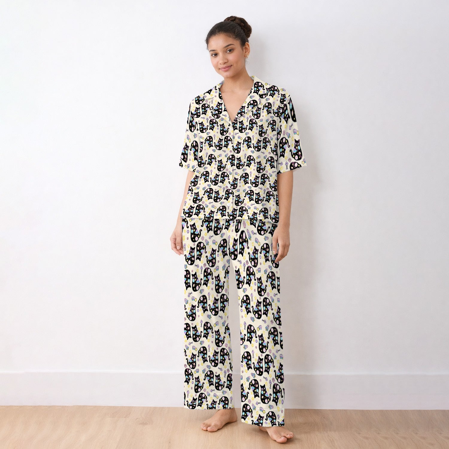 Galaxy Black Cat Space Pattern Pajama Set, Breathable Fabrics Uniform