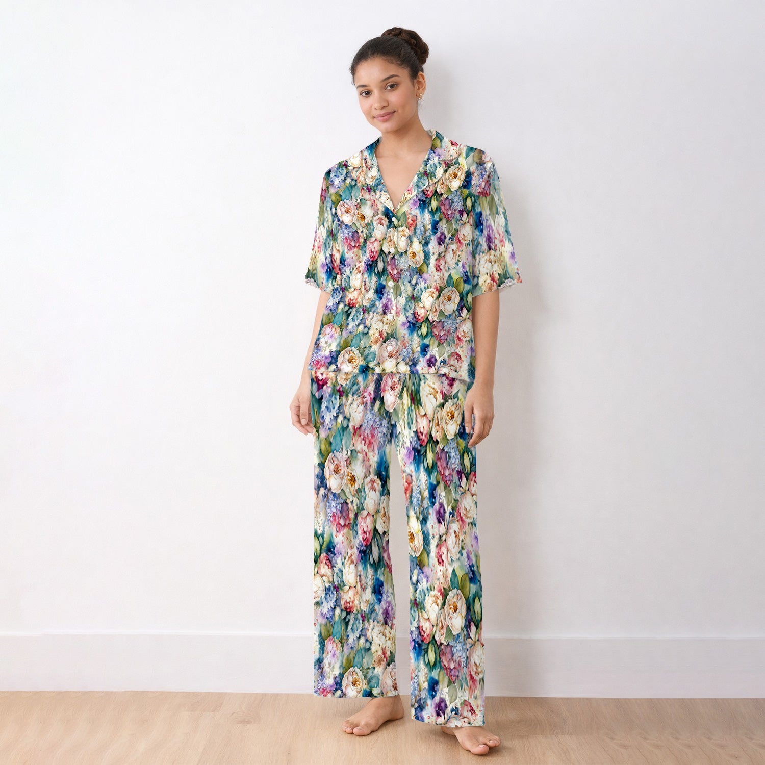Watercolor Peony Hydrangea Floral Print Pajama Set, Soft Breathable Fabric Comfortable Sleepwear