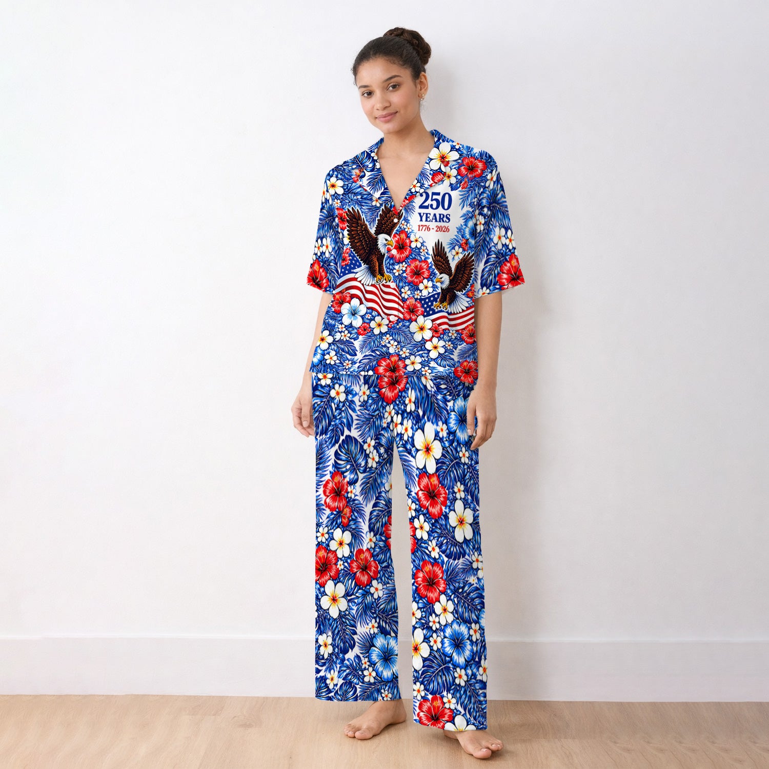 Patriotic Eagle Floral Pattern, America 250 Medical Pajama Set, Soft Breathable Fabric Comfortable Sleepwear