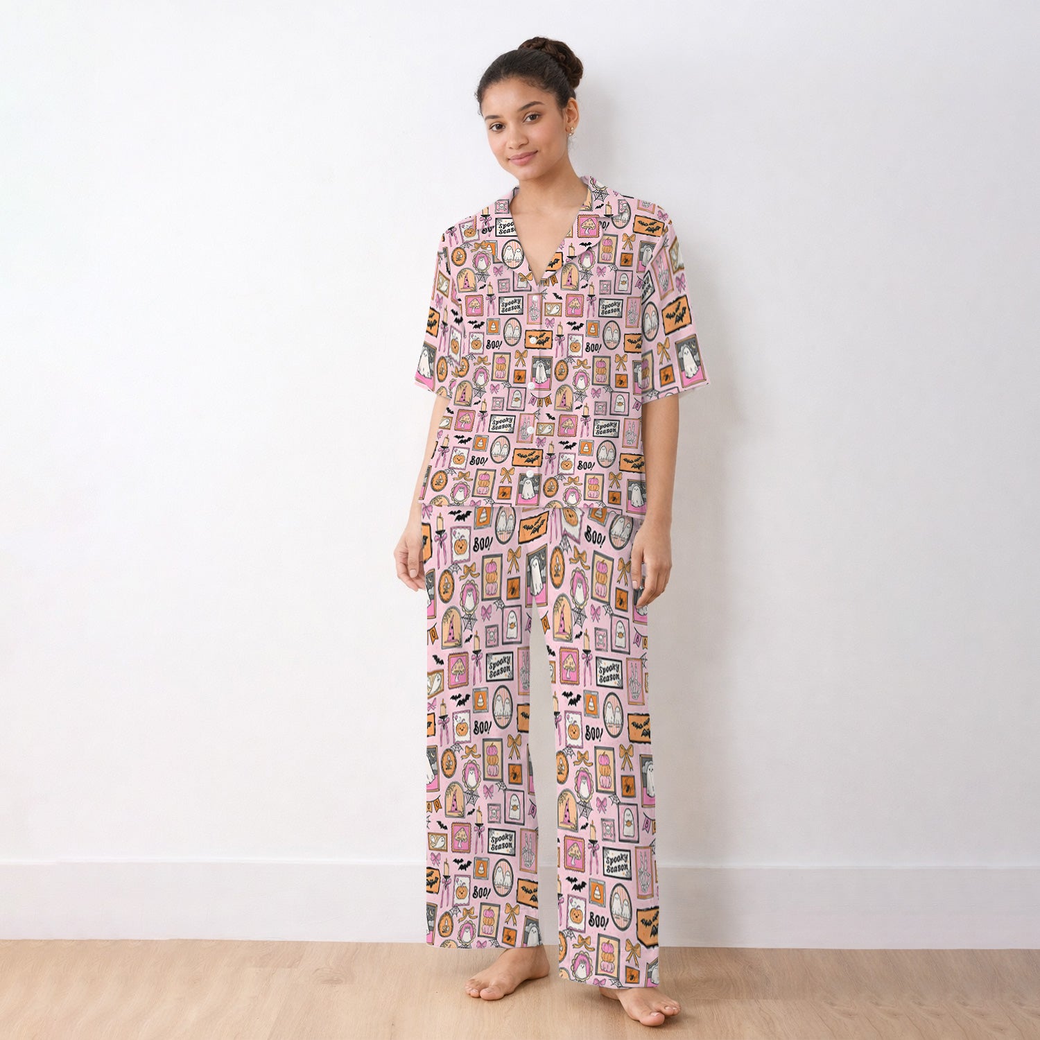 Pink Halloween Ghost Gallery Print Pajama Set, Soft Breathable Fabric Comfortable Sleepwear