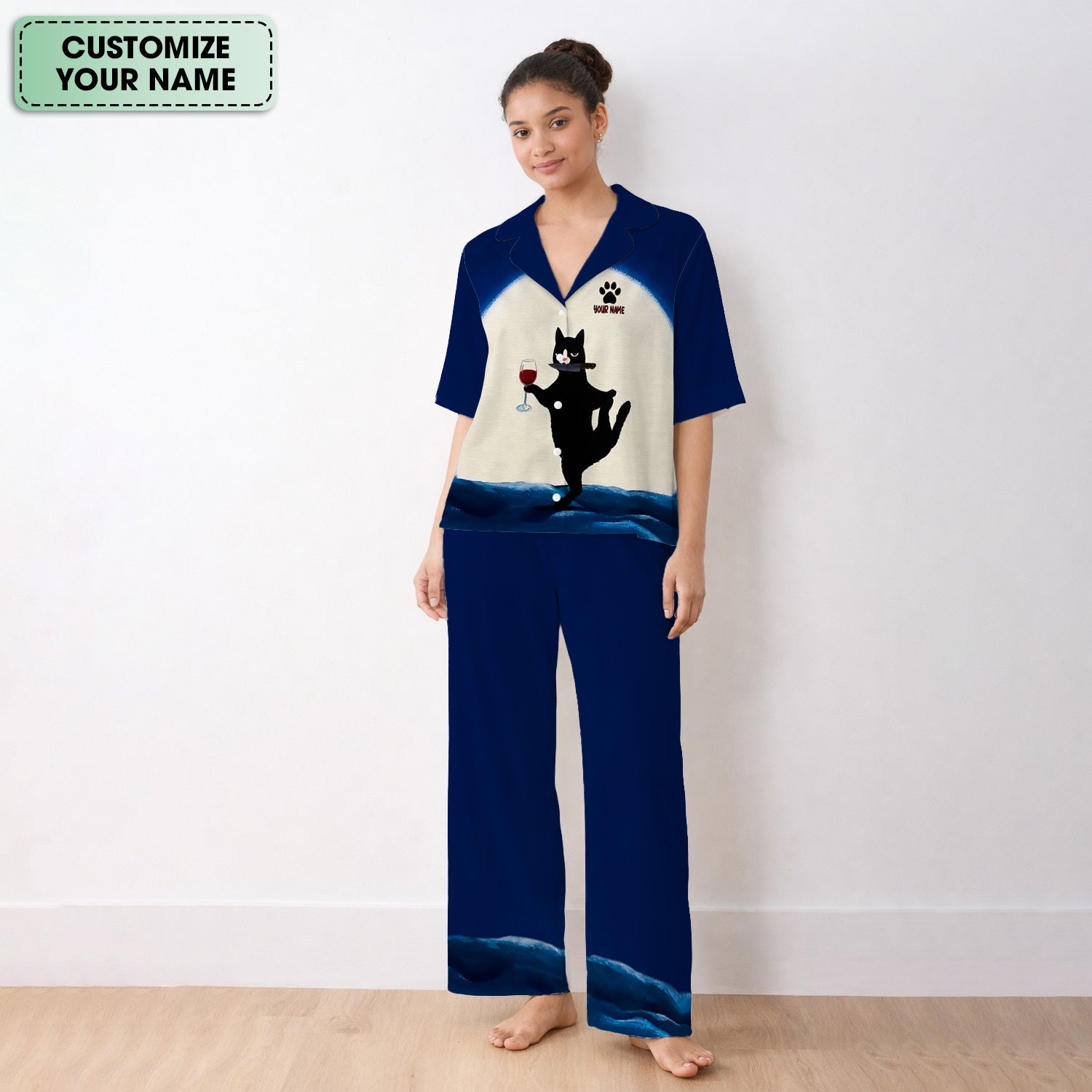 Personalized Funny Cat Holding Wine Glass Knife Pose Pattern Pajama Set, Soft Breathable Fabric Comfortable Sleepwear