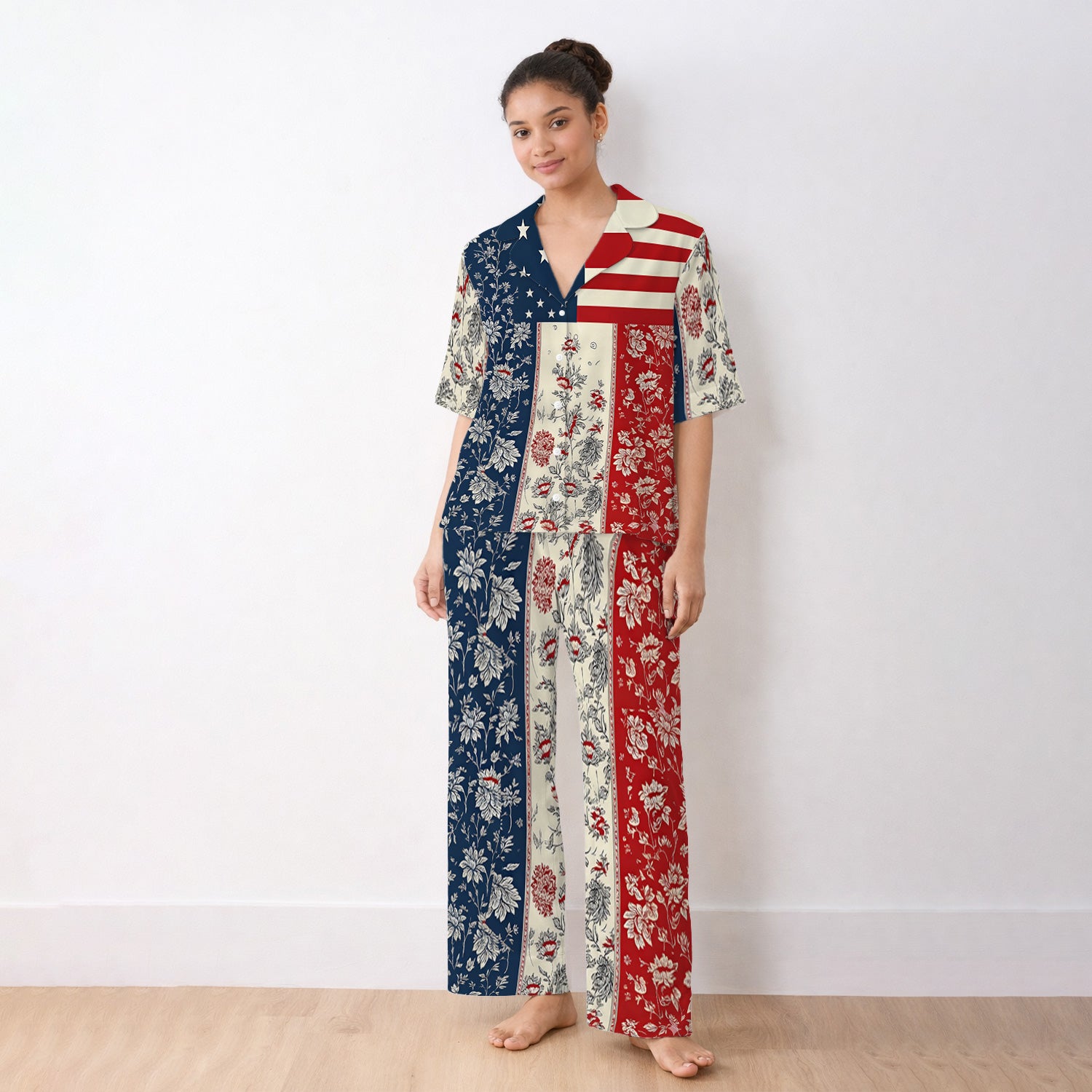 Patriotic Nurse Flag Patchwork Pattern Pajama Set, Soft Breathable Fabric Comfortable Sleepwear
