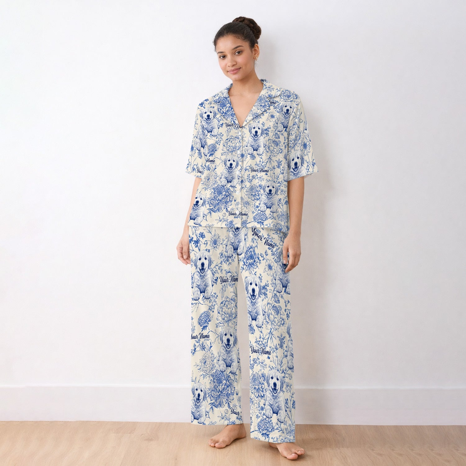 Personalized Custom Pet Photo Name Floral Pattern Pajama Set, Soft Breathable Fabric Comfortable Sleepwear