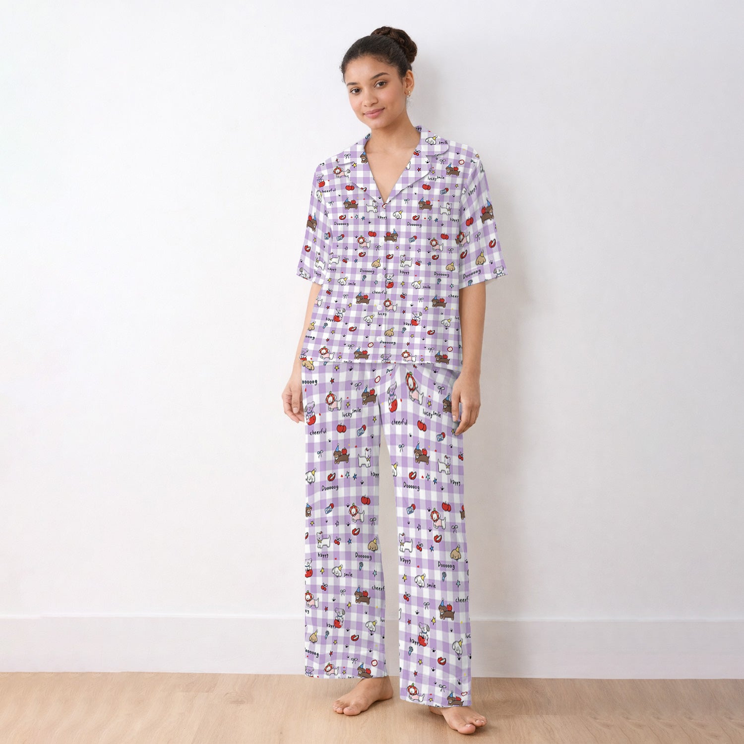 Cute Nurse Cartoon Puppy Apple Gingham Pajama Set, Breathable Fabrics Uniform