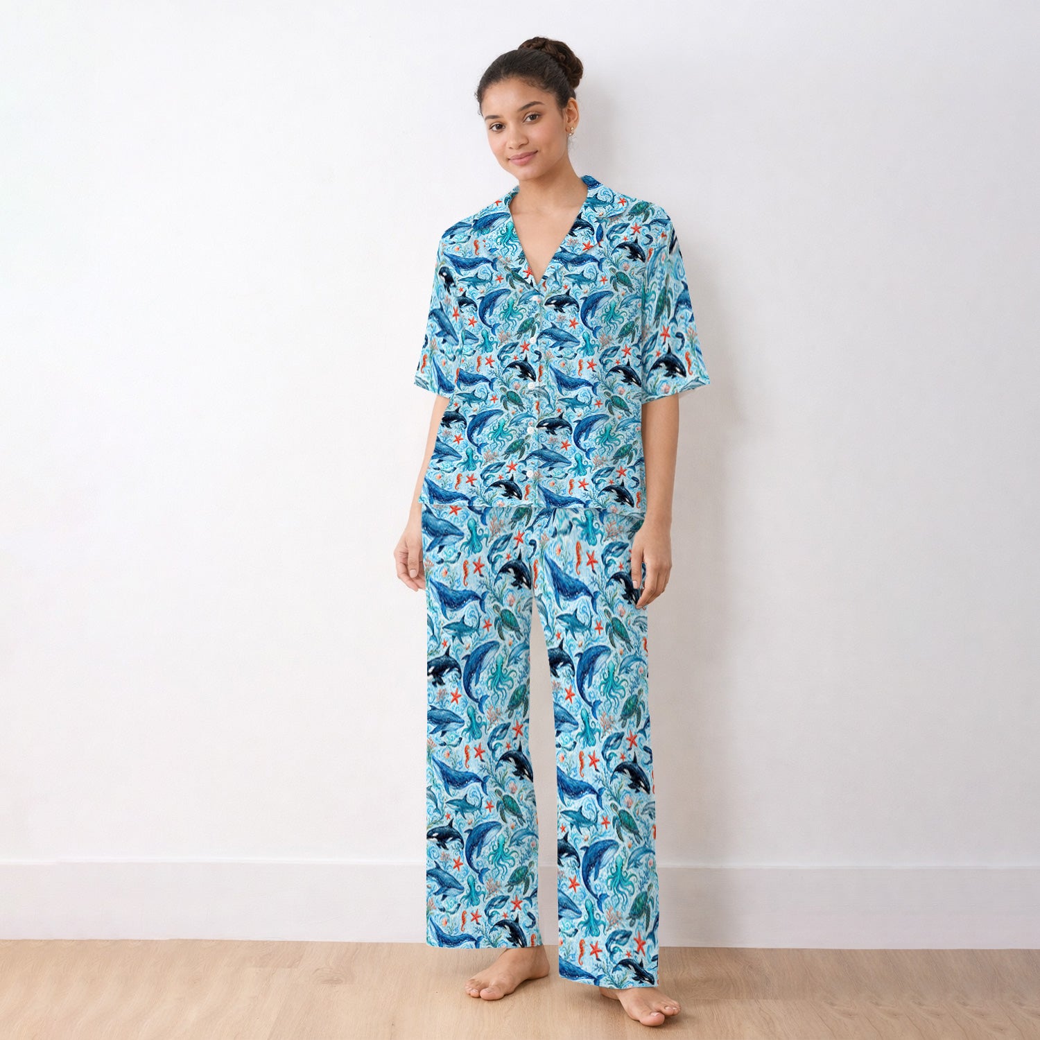 Watercolor Ocean Wildlife Scene Pattern Pajama Set, Soft Breathable Fabric Comfortable Sleepwear