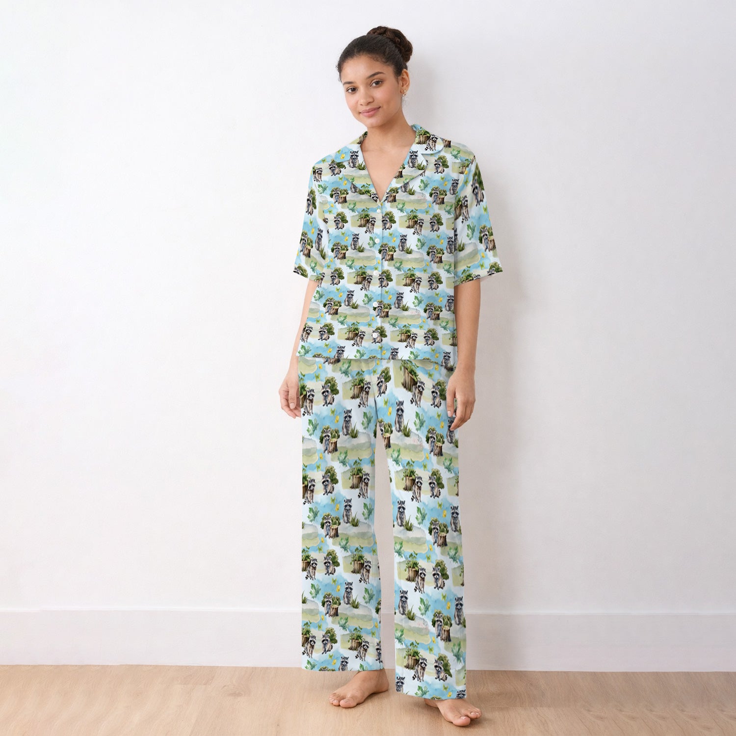 Cute Raccoon Woodland Print Pajama Set, Soft Breathable Fabric Comfortable Sleepwear