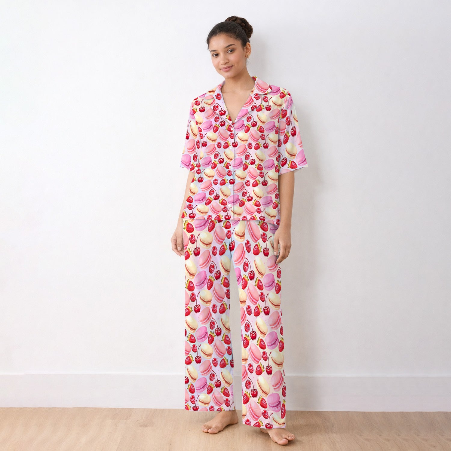 Sweet Dessert Pattern Pajama Set, Breathable Fabrics Uniform
