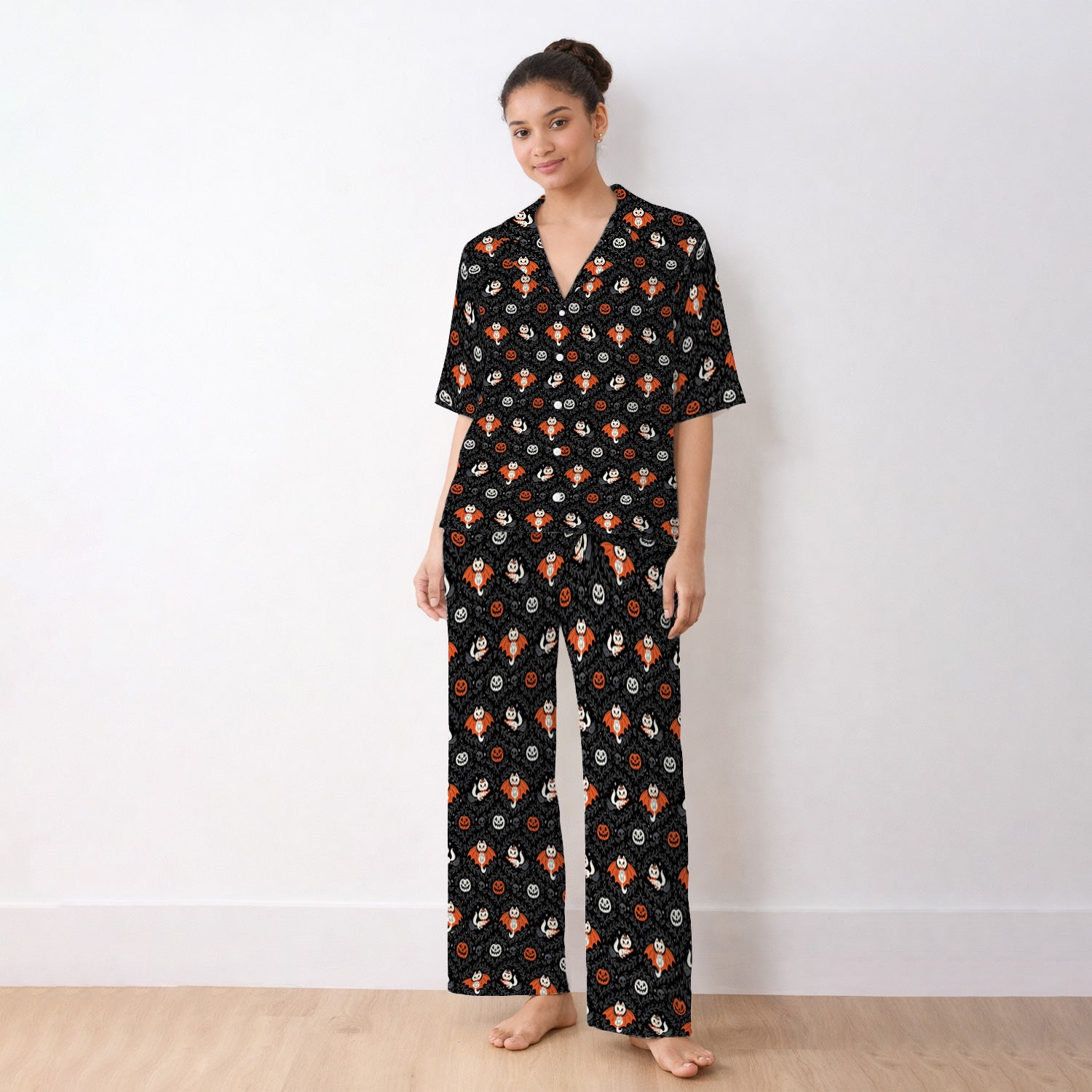 Cute Halloween Vampire Cat Pattern Pajama Set, Soft Breathable Fabric Comfortable Sleepwear