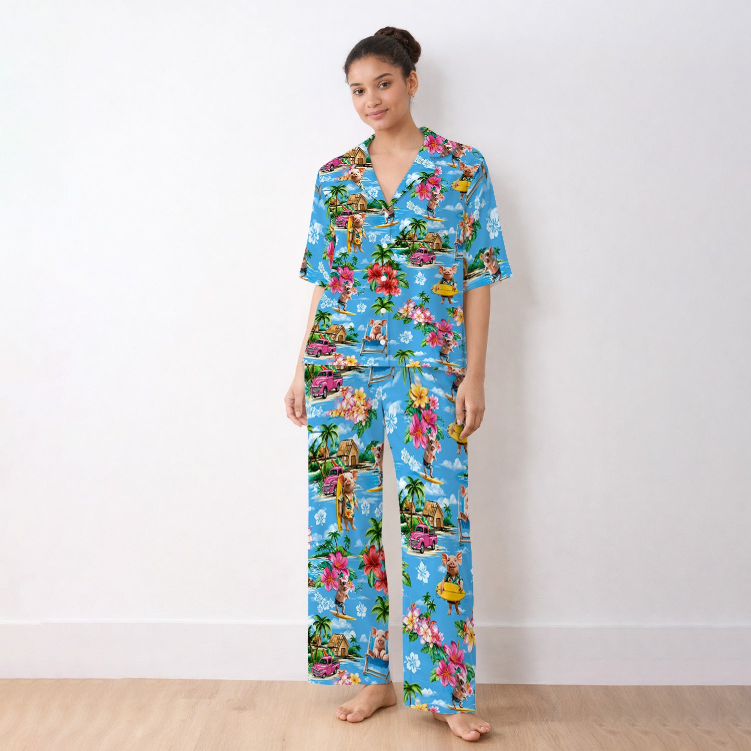 Tropical Surfing Pig Beach Pattern Pajama Set, Soft Breathable Fabric Comfortable Sleepwear