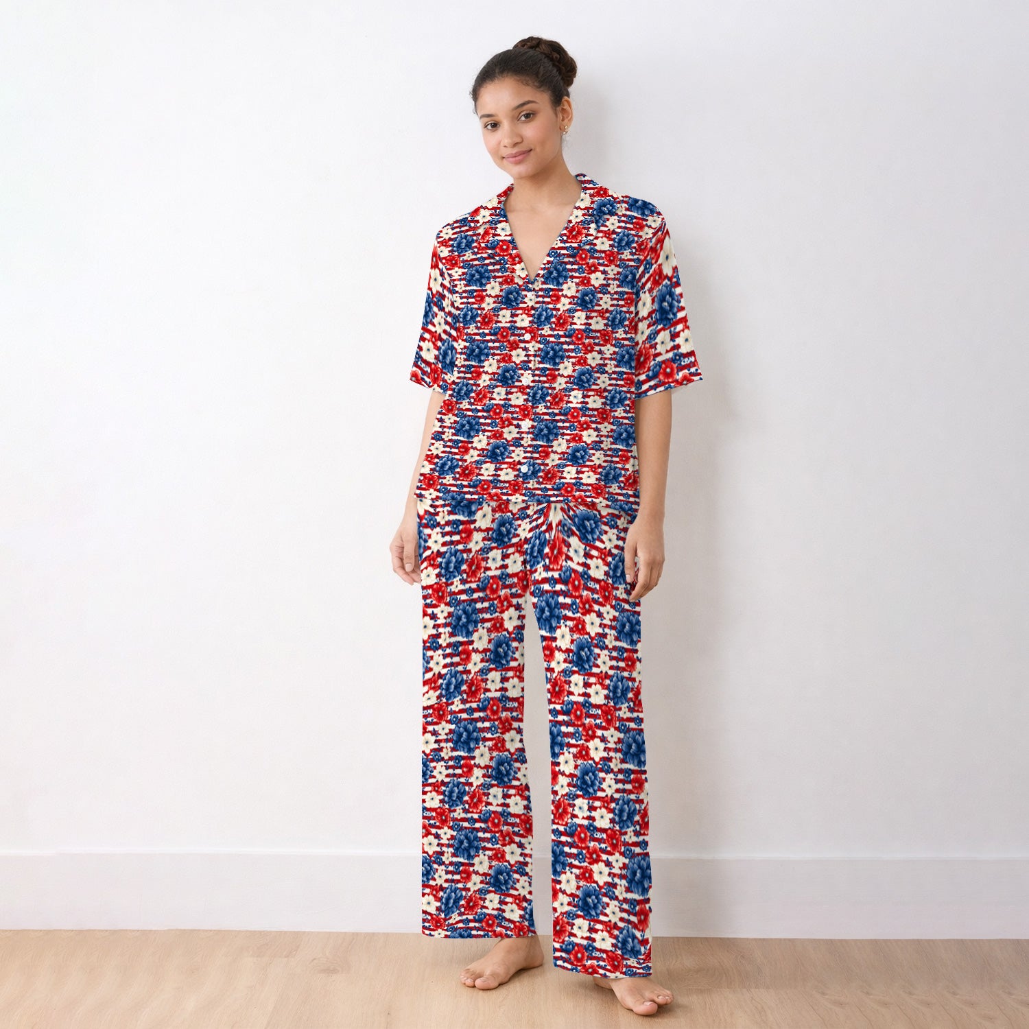 Patriotic Nurse Floral Stripe Pattern Pajama Set, Soft Breathable Fabric Comfortable Sleepwear