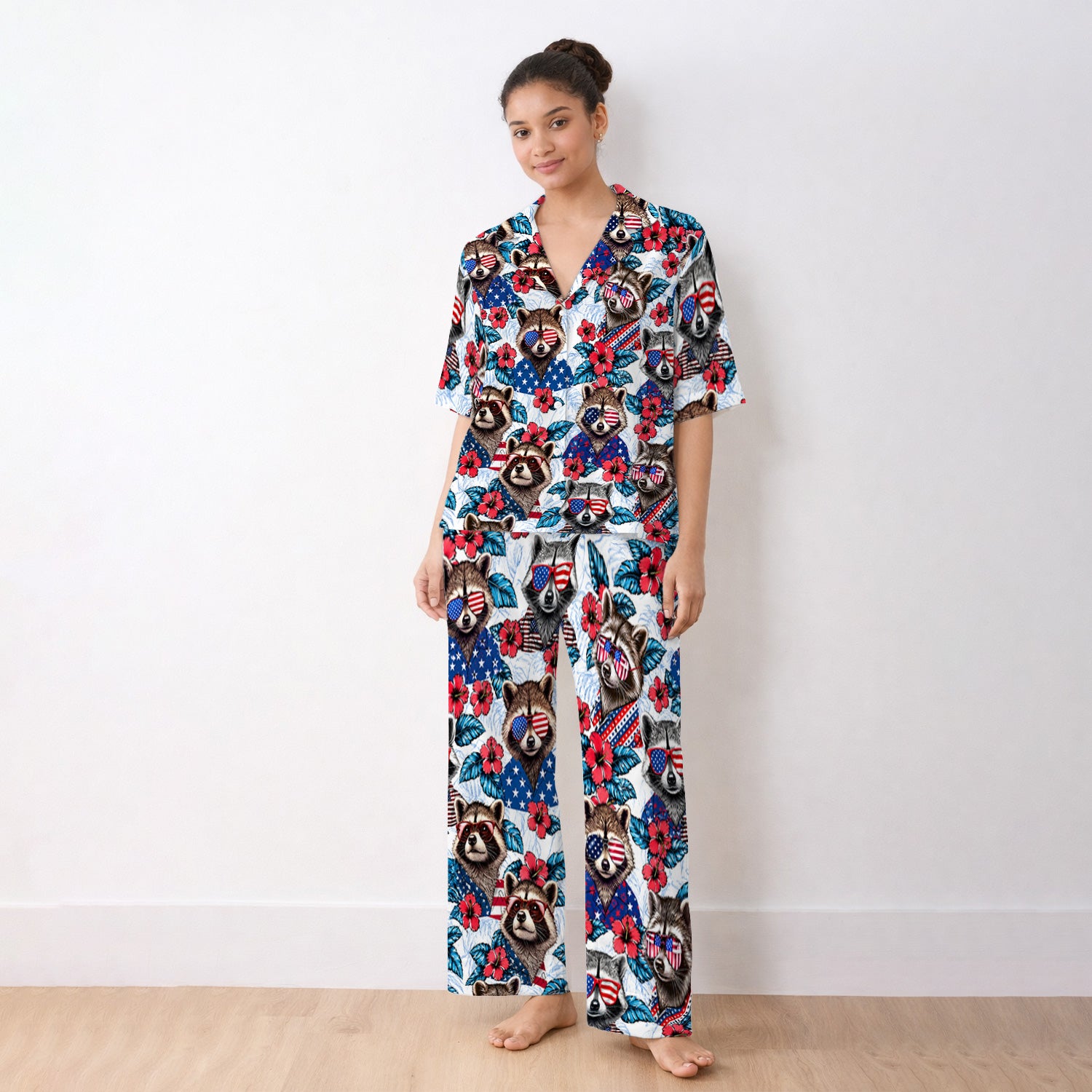 Funny Patriotic Raccoon Sunglasses Pattern Pajama Set, Soft Breathable Fabric Comfortable Sleepwear