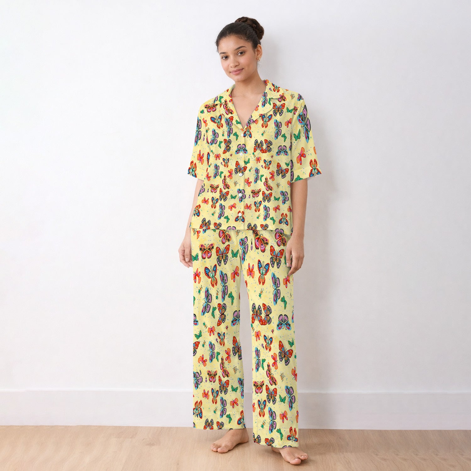 Colorful Butterfly Garden Pattern Pajama Set, Soft Breathable Fabric Comfortable Sleepwear