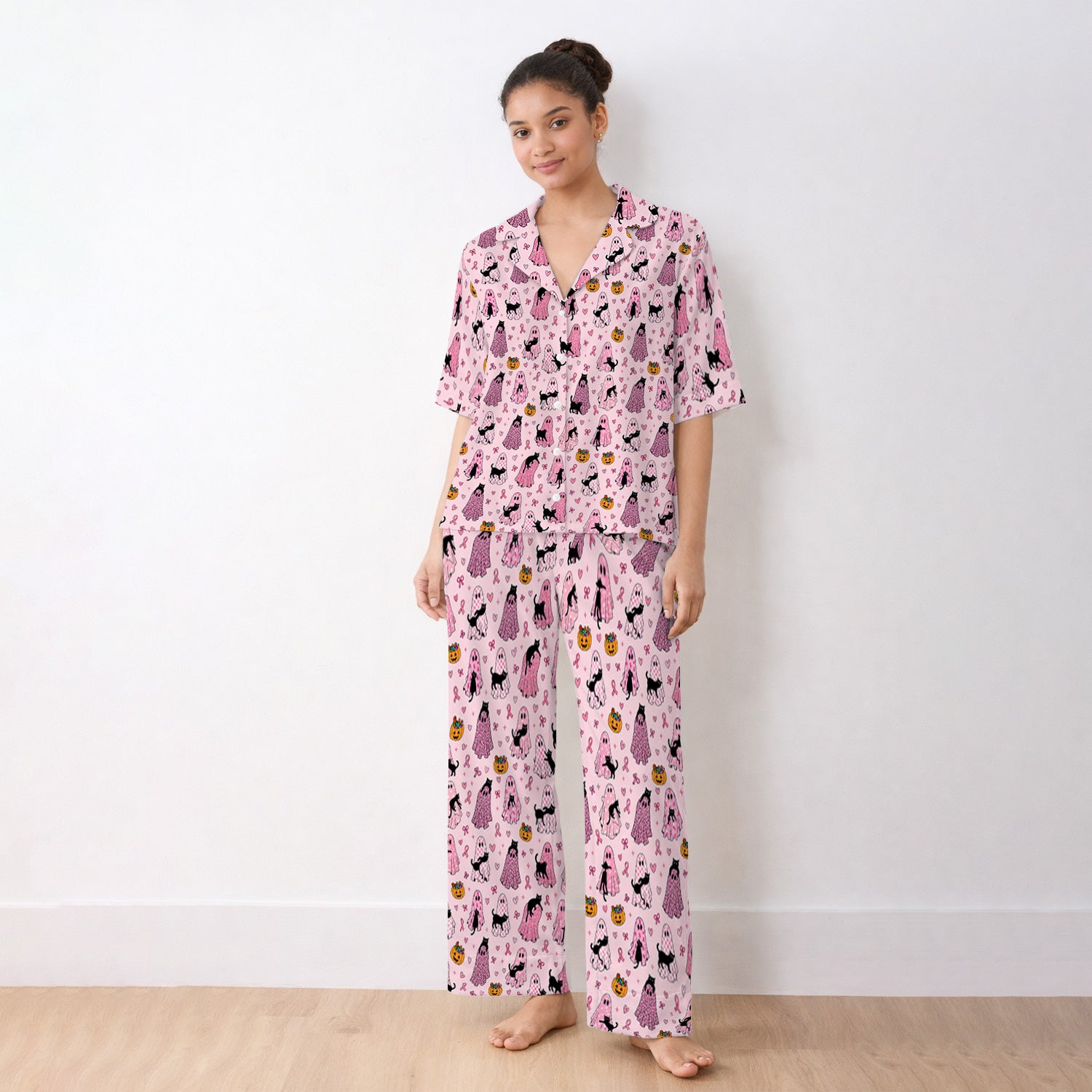 Breast Cancer Awareness Ghost Cat Pajama Set, Soft Breathable Fabric Comfortable Sleepwear