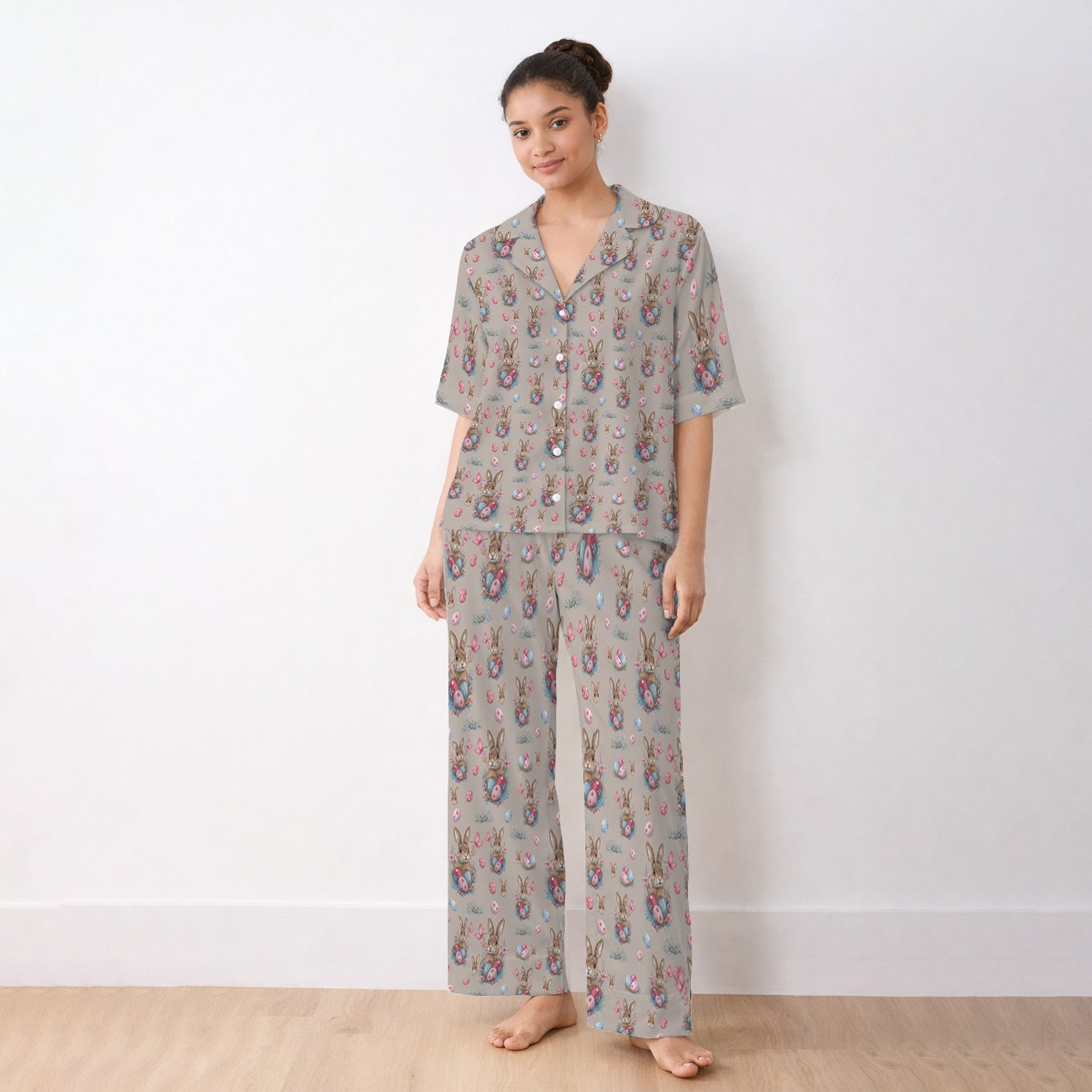 Pastel Easter Bunny Nest Pattern Pajama Set, Breathable Fabrics Uniform