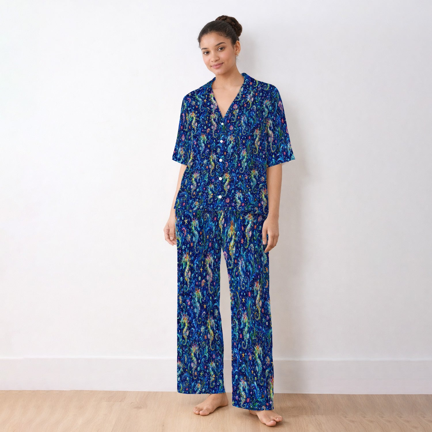Vibrant Seahorse Ocean Swirl Pattern Pajama Set, Soft Breathable Fabric Comfortable Sleepwear