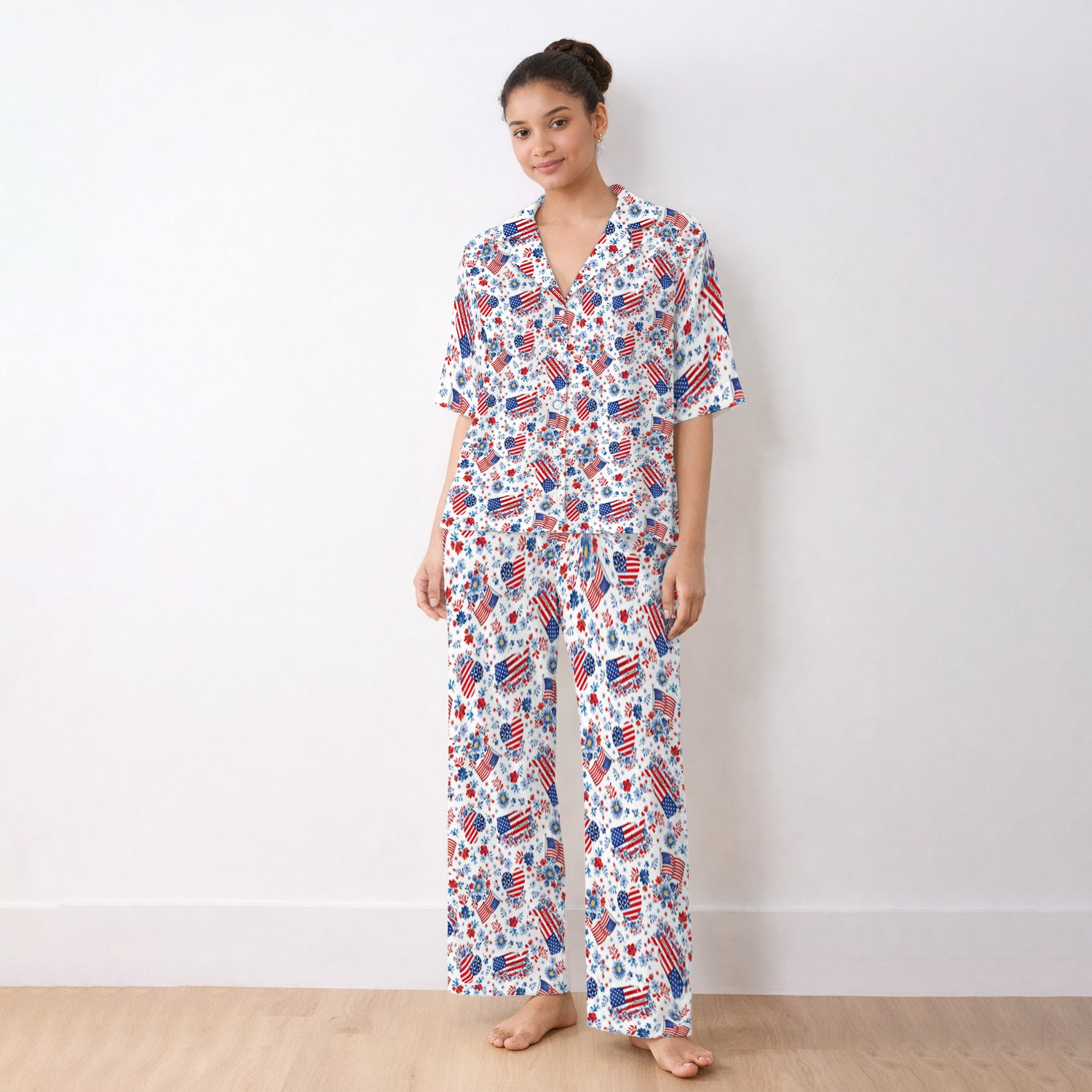 Festive American Flag Heart Floral Pattern Pajama Set, Soft Breathable Fabric Comfortable Sleepwear